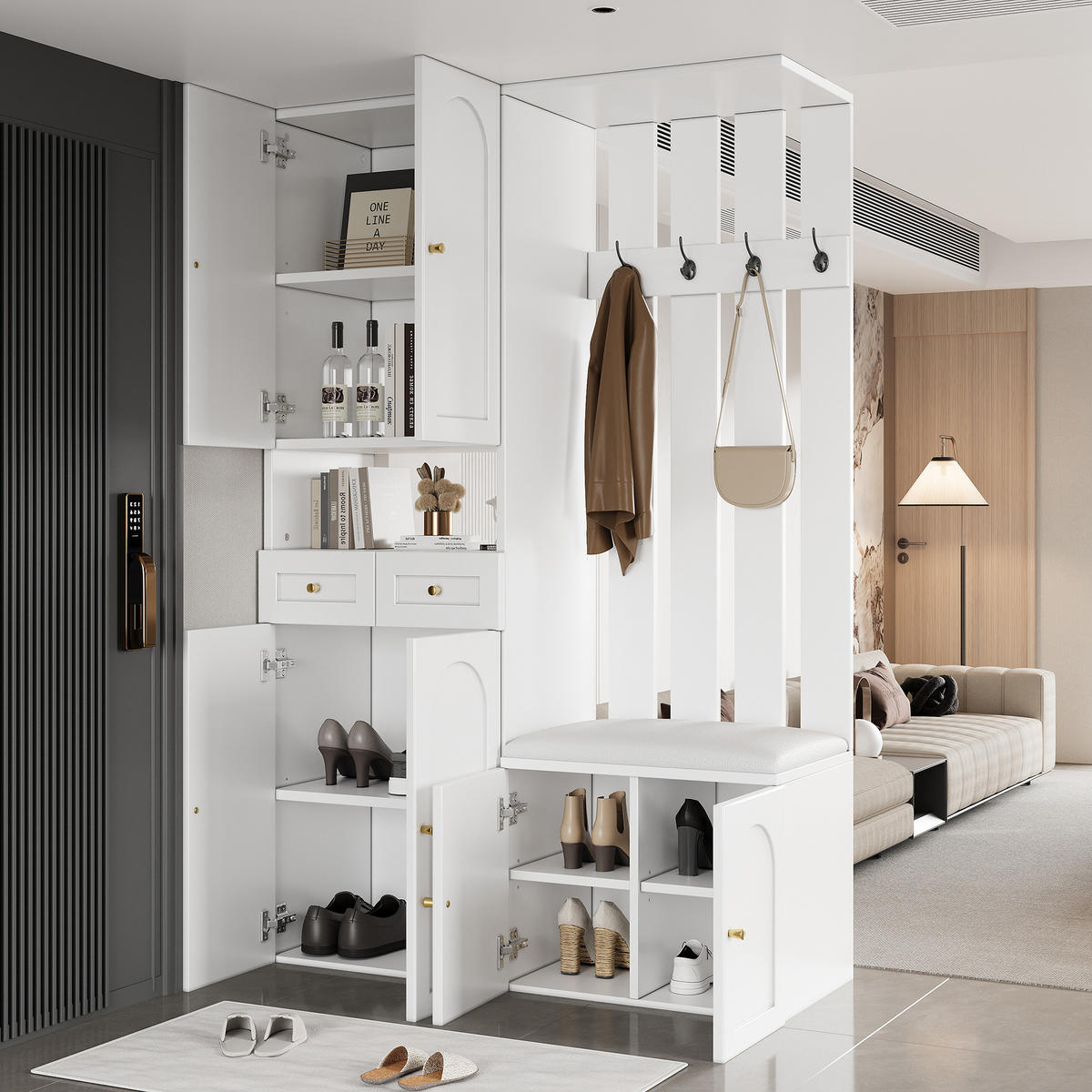 GARDEROBE in Weiß Flurgarderobeset mit Schuhbank und Schubladen für Flur, B110/T37/H180cm - Weiß, Holzwerkstoff/Metall (110/180/37cm) - STILVORA