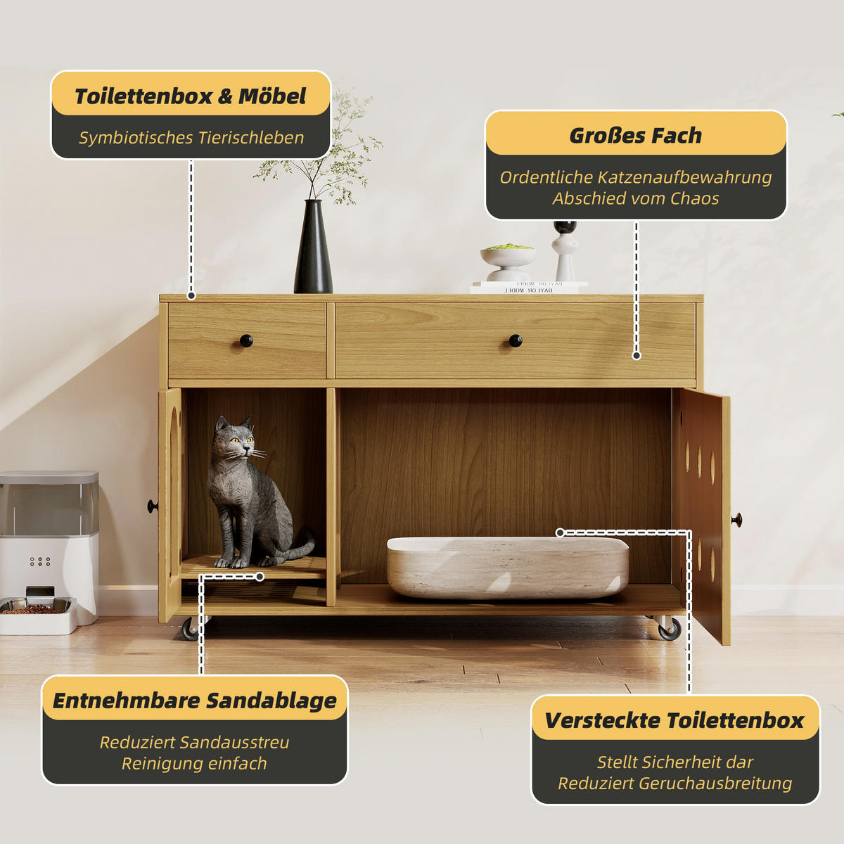 SIDEBOARD Naturgarben aus MDF 100×45×66cm als Katzenkloschrank mit Sandauffangplatte und Schubladen - Naturfarben, Holzwerkstoff (45/66/10cm) - Luhomfu