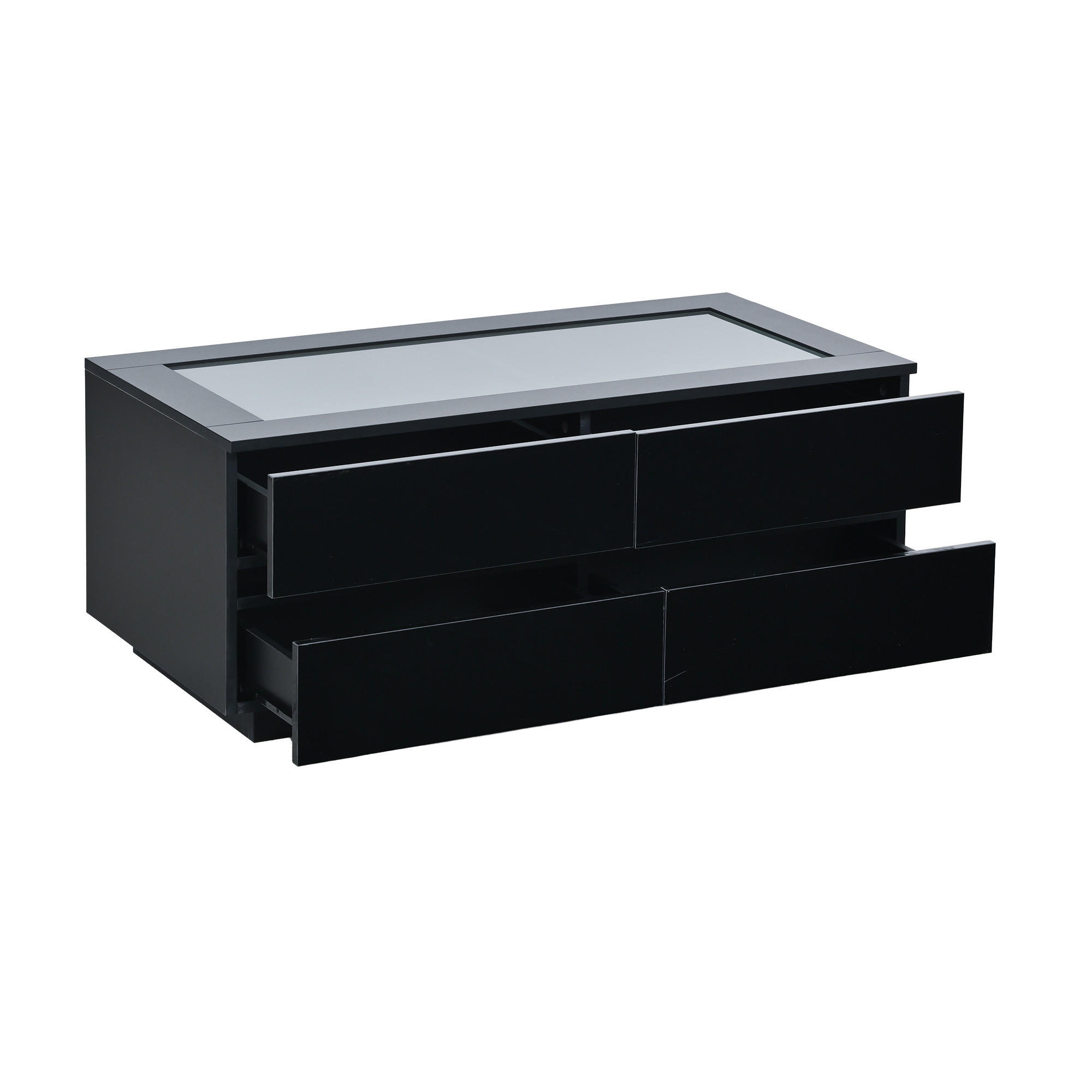 COUCHTISCH DE-37135 mit 4 Schubladen, Glasplatte und LED Schwarz - Schwarz, Holzwerkstoff (100/50/40cm) - ComfortXL