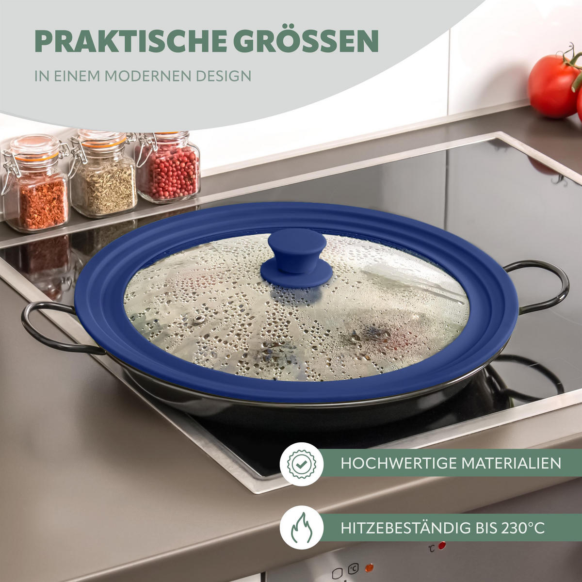 UNIVERSAL-GLASDECKEL, 30/32/34 cm, blau groß - Blau, Glas (34/34/6cm) - bremermann