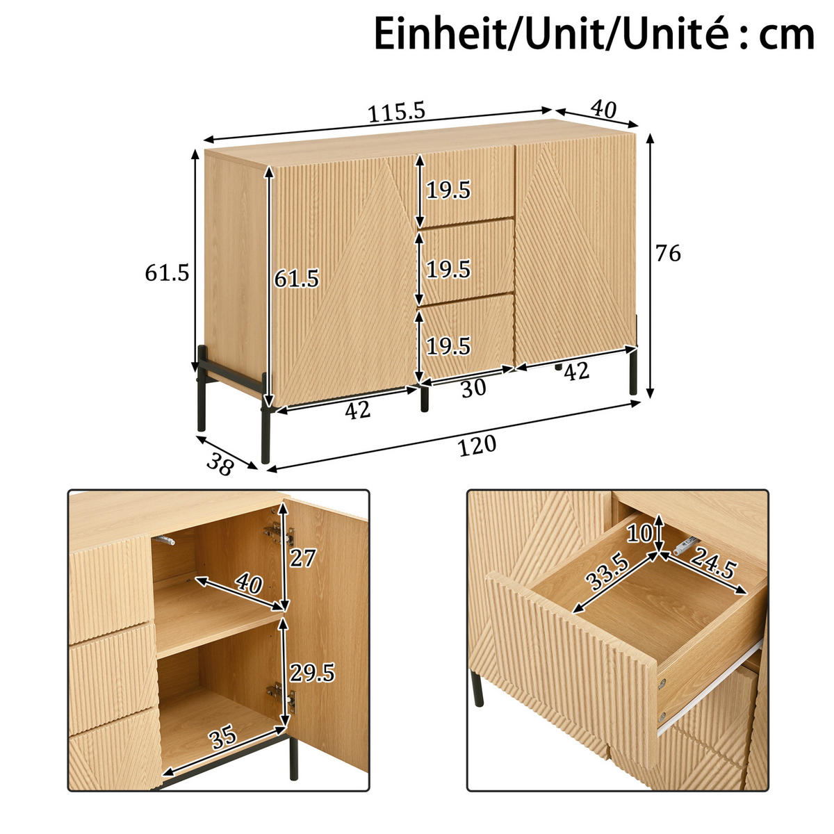 SIDEBOARD 115,5/40/76 cm in Natur mit 2 Türen & 3 Schubladen - Naturfarben, Holzwerkstoff (115.5/76/40cm) - BEAOK