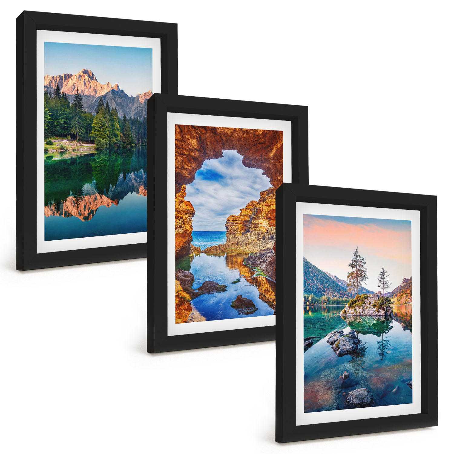 BILDER SET 3er Set - 20x30 cm Schwarzer Rahmen - Spiegelungen der Felsen in Bergseen - Schwarz, Kunststoff (20/30cm) - TULUP
