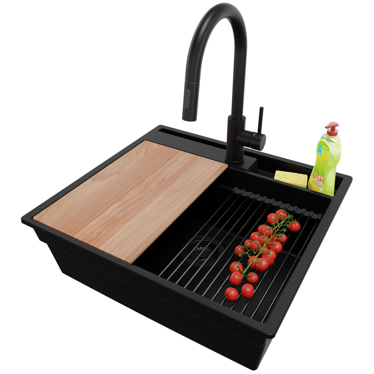 GRANITSPÜLE Oslo Pocket, 2-er set Alles Schwarz 58/53 cm 1 Becken + Küchenarmatur 40/20 cm + Ablauf-Set + Küchenzubehörset ab 60er Unterschrank - Beige/Schwarz, Kunststoff (58/20/53cm) - Primagran