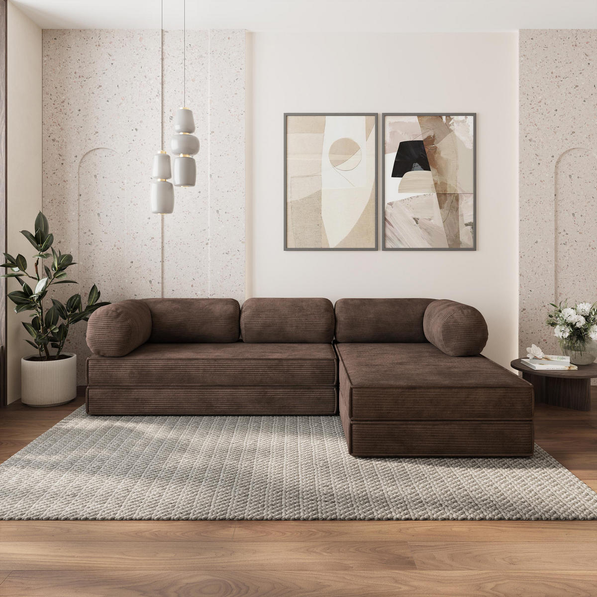 ROHOVÁ SEDAČKA ETERA modulární Boneless pohovka s funkcí spaní, hnědá POSO 06 - hnědá, textil (270/160cm) - MASSENO