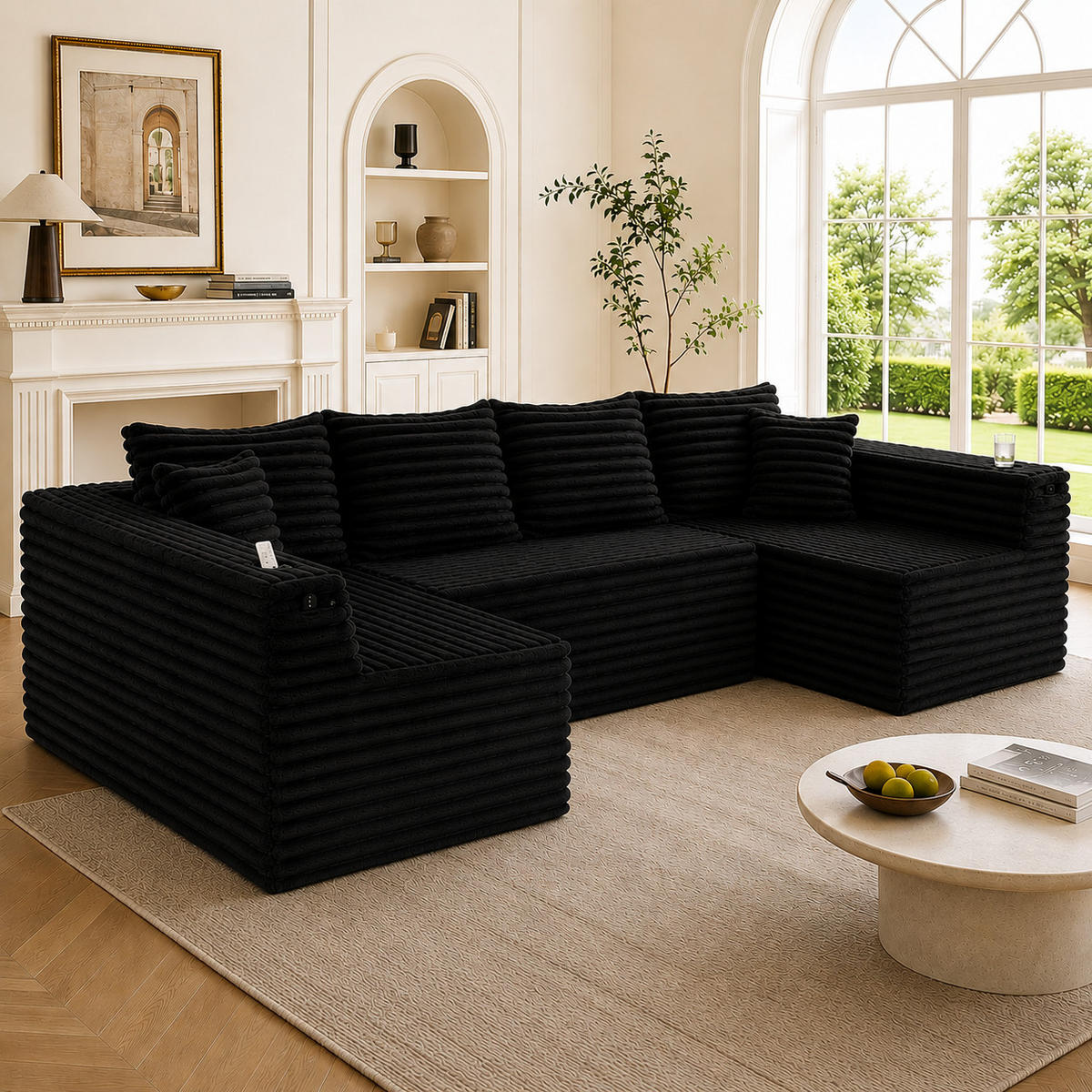 WOHNLANDSCHAFT 320/155/88 cm Schwarz mit Getränkehalter und Seitentasche - Schwarz, Textil (320/88/155cm) - Oxeza