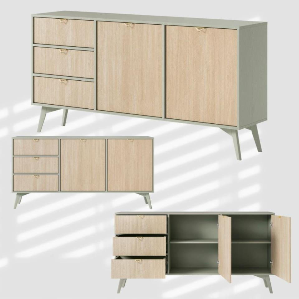 Thumbnail - Bettso Sideboard, Eukalyptusholz, Holzwerkstoff, 4 Fächer, 3 Schubladen, 158x80x38 cm, Wohnzimmer, Kommoden & Sideboards...