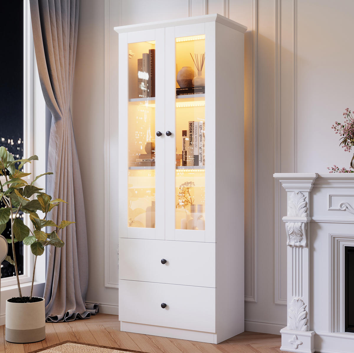 VITRINE 60/35,5/165 cm mit LED-Beleuchtung, USB-Anschluss, 2 Schubladen und verstellbaren Einlegeböden, Weiß - Weiß, Holzwerkstoff (60/165/35.5cm) - Redom