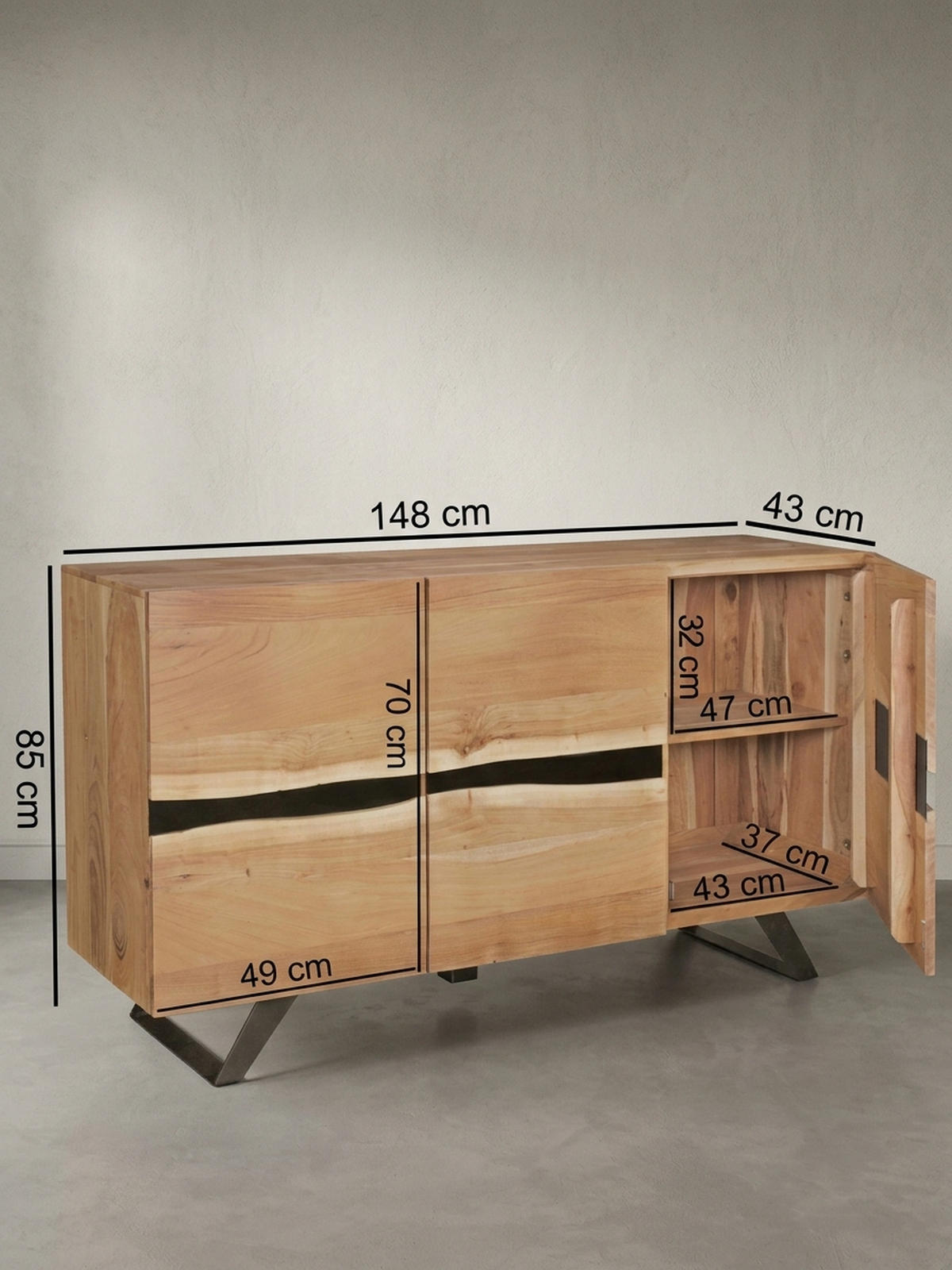 SIDEBOARD – Akazie Massivholz, 148x85x43 cm, Baumkante, Landhausstil, breit - Schwarz/Braun, Akazienholz/Holz (148/85/43cm) - KADIMA DESIGN