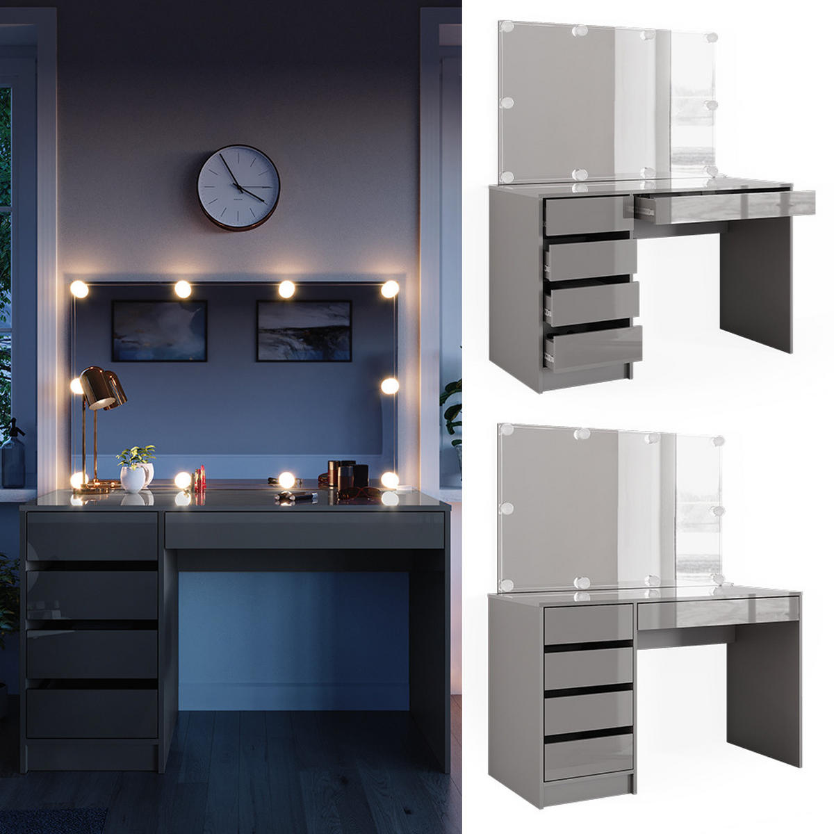 SCHMINKTISCH Sherry Grau 120 cm mit LED Beleuchtung - Grau, Holzwerkstoff (120/75/55cm) - Vicco
