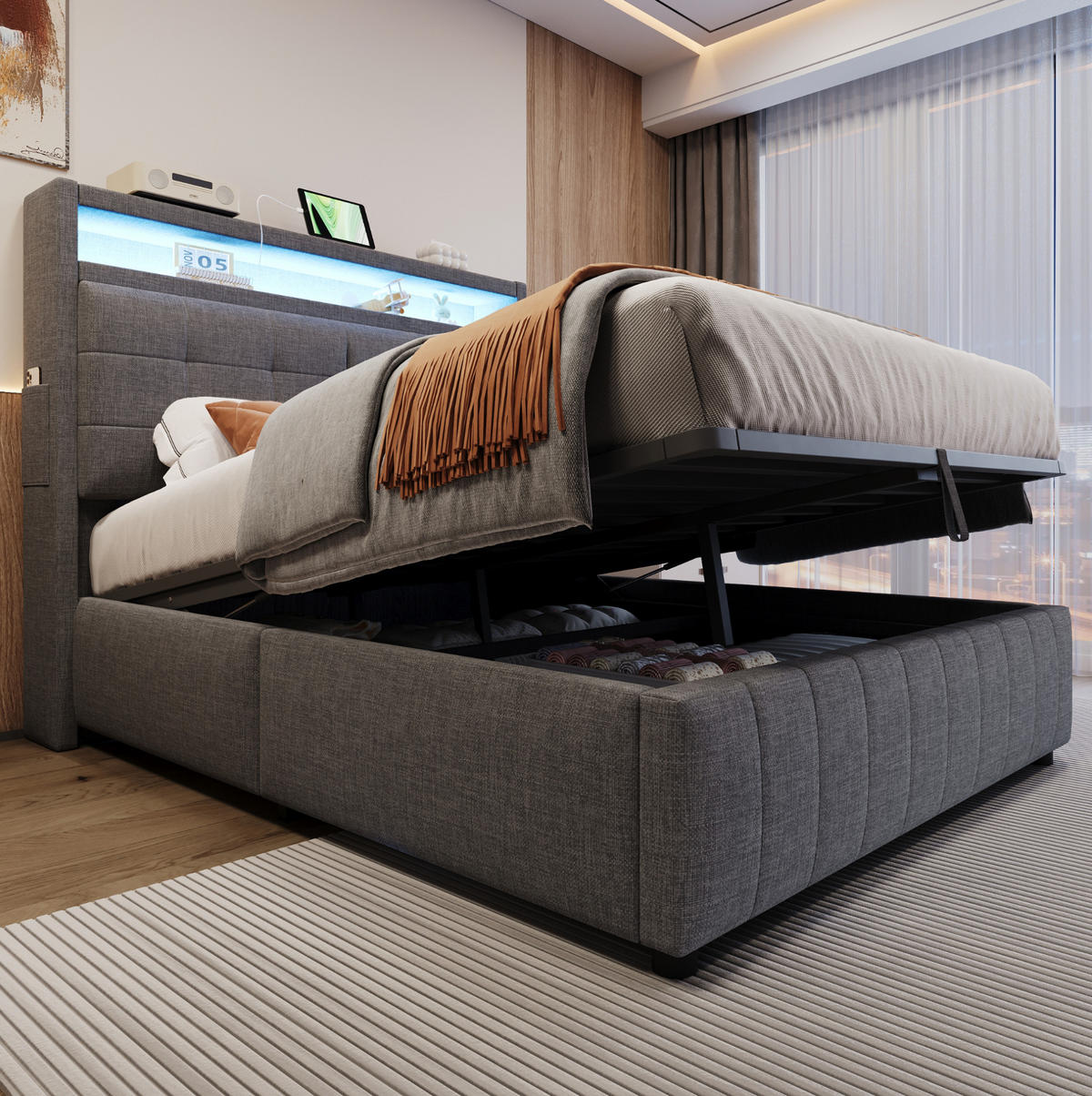 POLSTERBETT 140/200 cm aus Leinenstoff mit LED-Beleuchtung, USB-Anschluss, Stauraum und Kopfteil mit Ablagen, Grau - Grau, Textil (140/200cm) - Redom