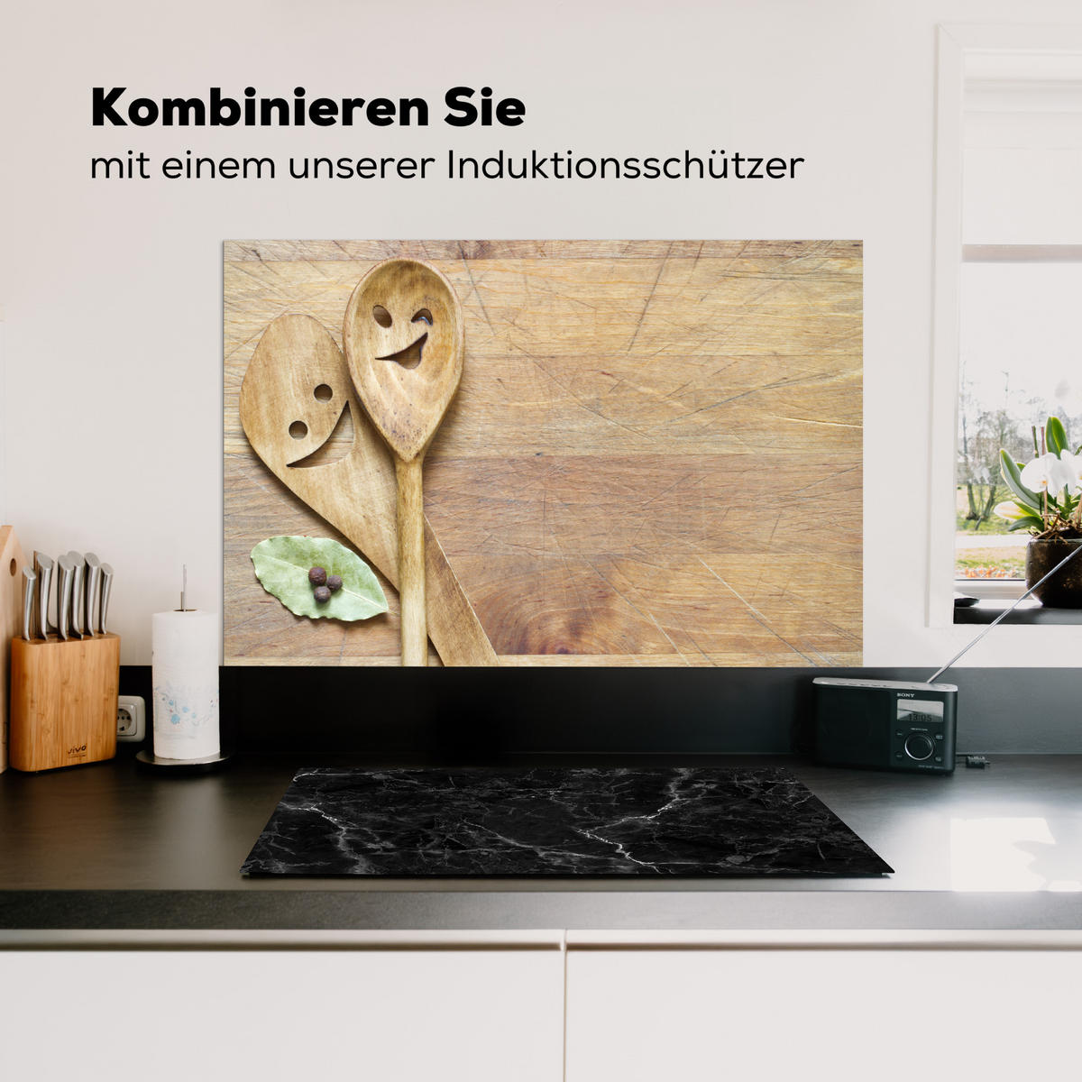 SPRITZSCHUTZ KÜCHE Holz - Löffel - Braun - Smiley 90x60 cm - Hellbraun, Metall (90/0.3/60cm) - MuchoWow