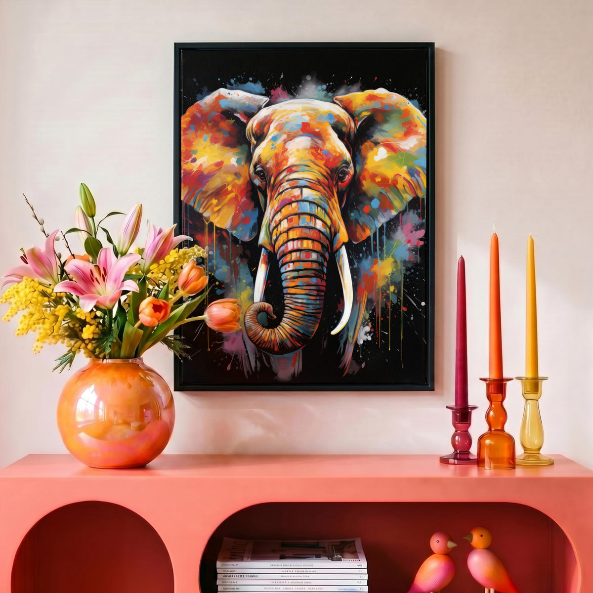 LEINWAND Bilder mit Rahmen - Elefant - Graffiti - Schwarz - Tiere - Farben - 30x40 - Schwarz, Textil (30/40cm) - MuchoWow