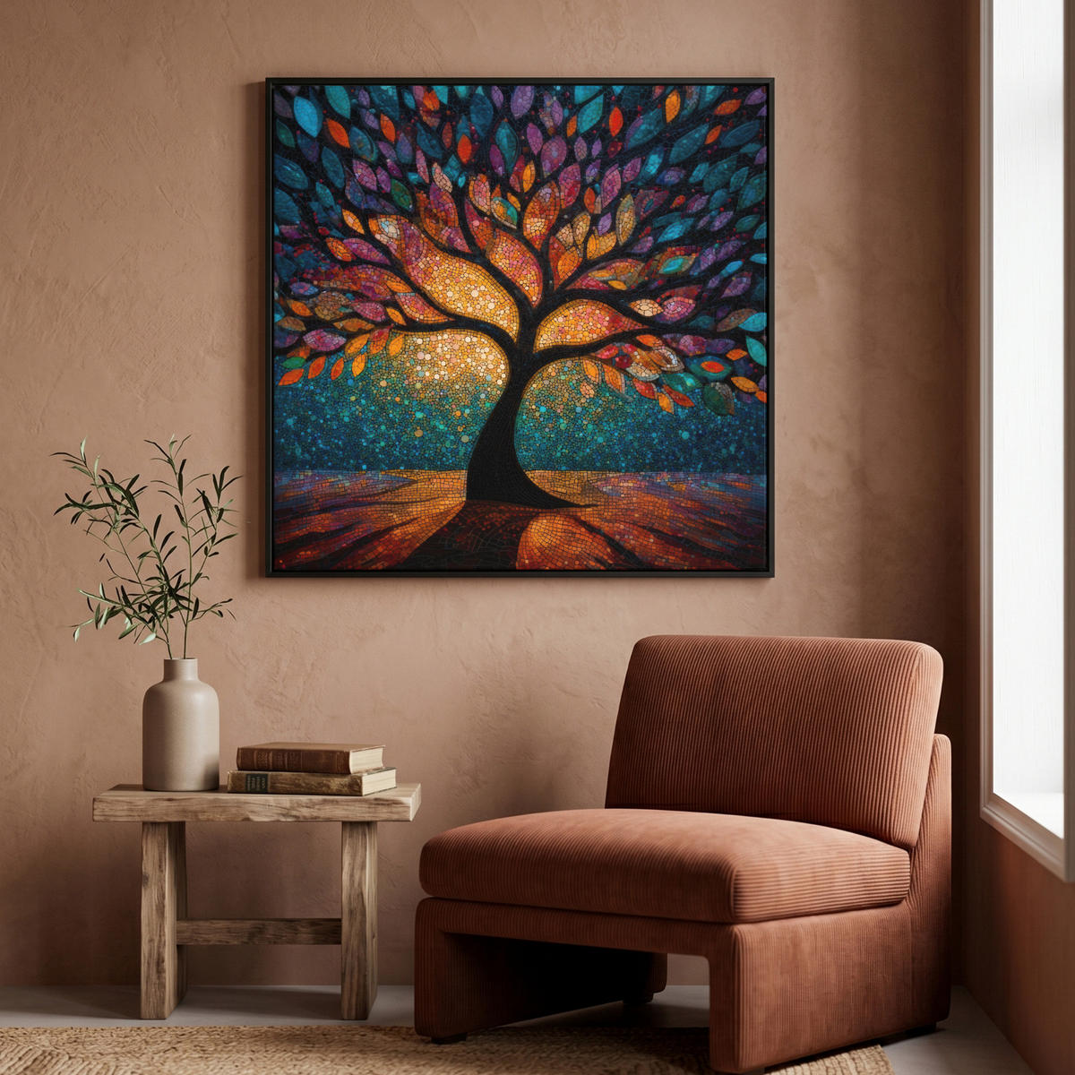 LEINWAND Bilder mit Rahmen - Mosaik - Bunt - Baum - Äste - 90x90 - Multicolor, Textil (90/90cm) - MuchoWow