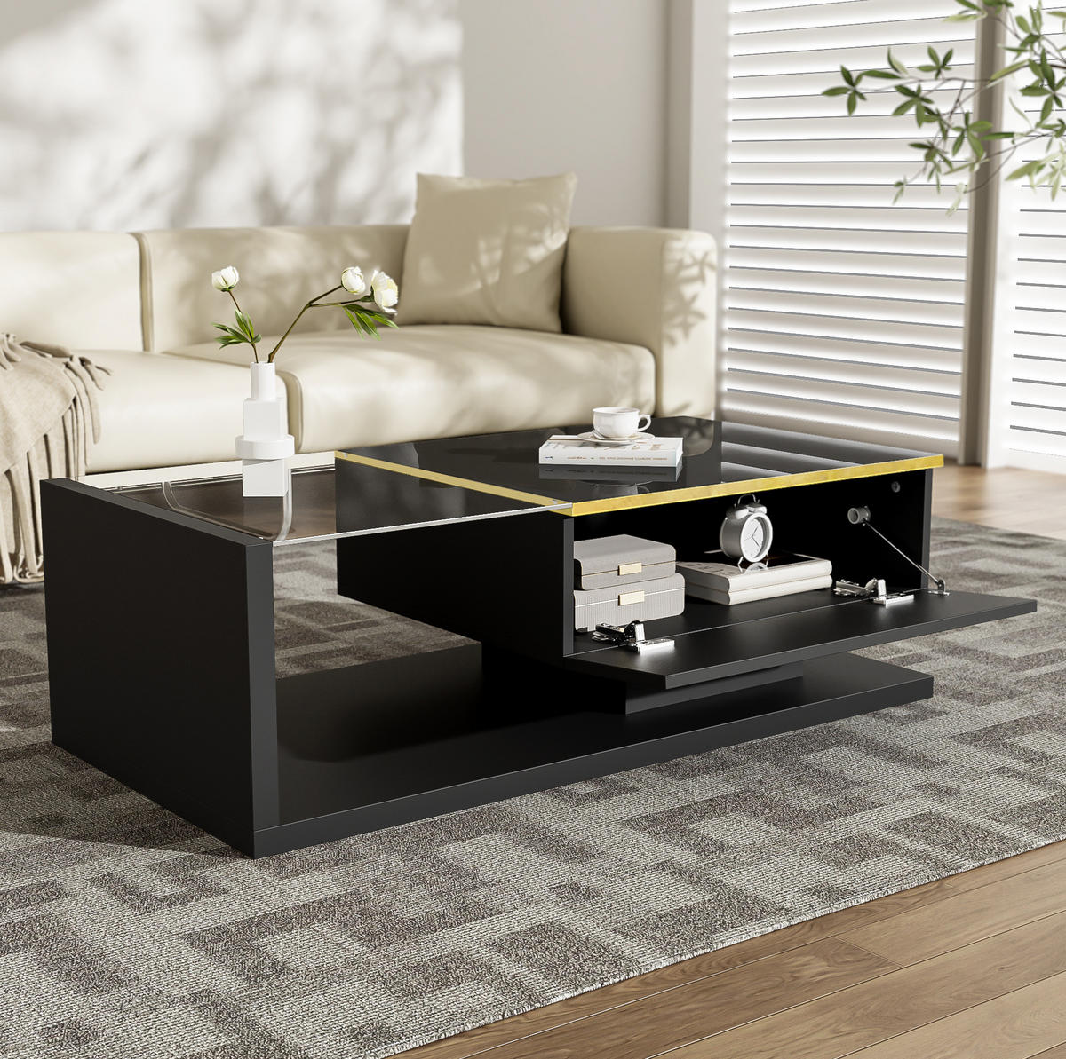 COUCHTISCH 100/50/32,5 cm mit Glasplatte, LED-Beleuchtung und Stauraum, Schwarz - Schwarz, Holzwerkstoff (100/50/32.5cm) - Redom