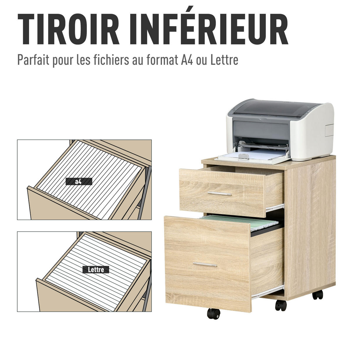 ROLLCONTAINER DE-14406 2 Schubladen, 5 Rollen Eiche - Eichefarben, Holzwerkstoff (39/58.5/39.5cm) - ComfortXL