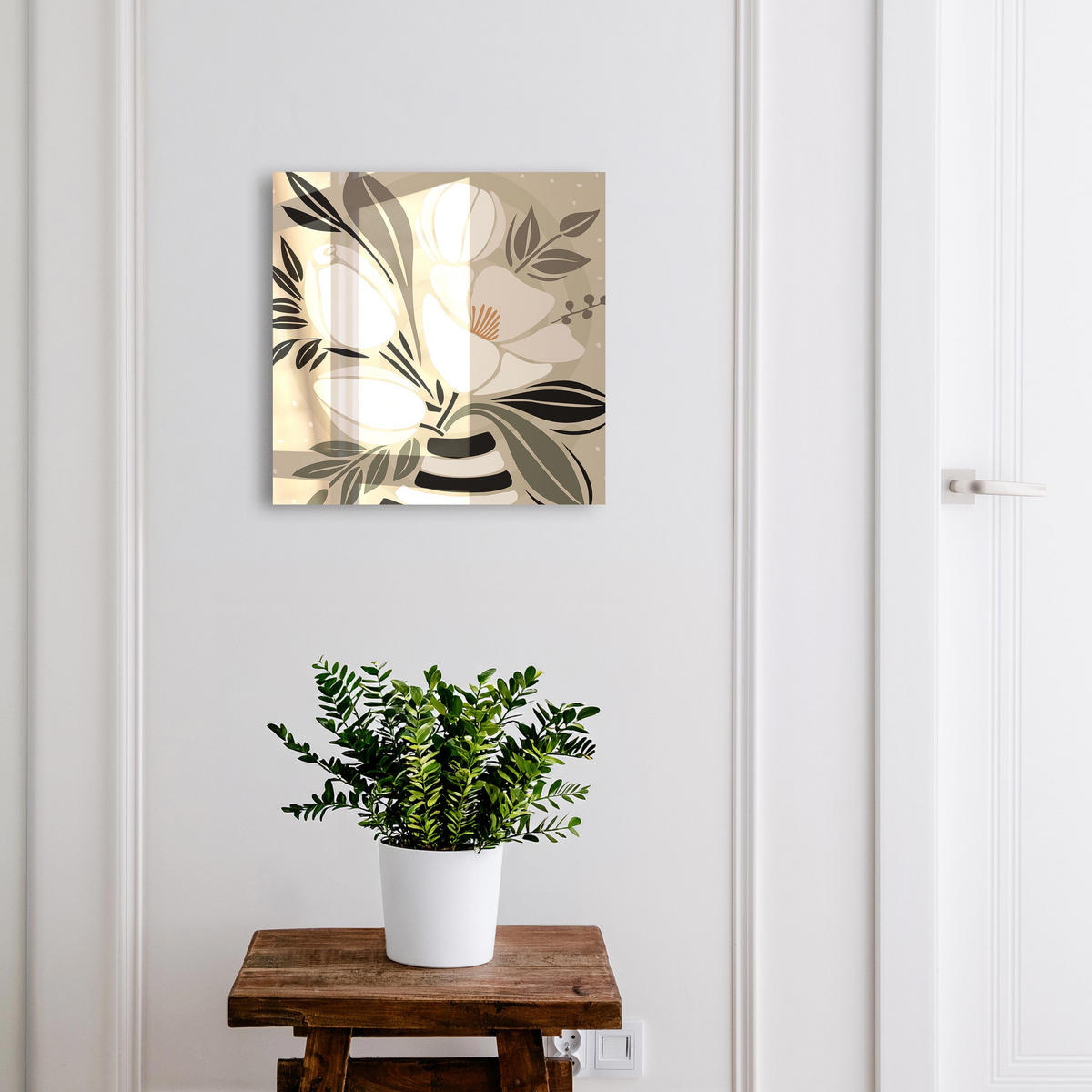 SCHLÜSSELBOX Weiß 30x30 cm – Türöffnung nach rechts - Floraler Minimalismus - Beige, Metall (30/30/5cm) - TULUP