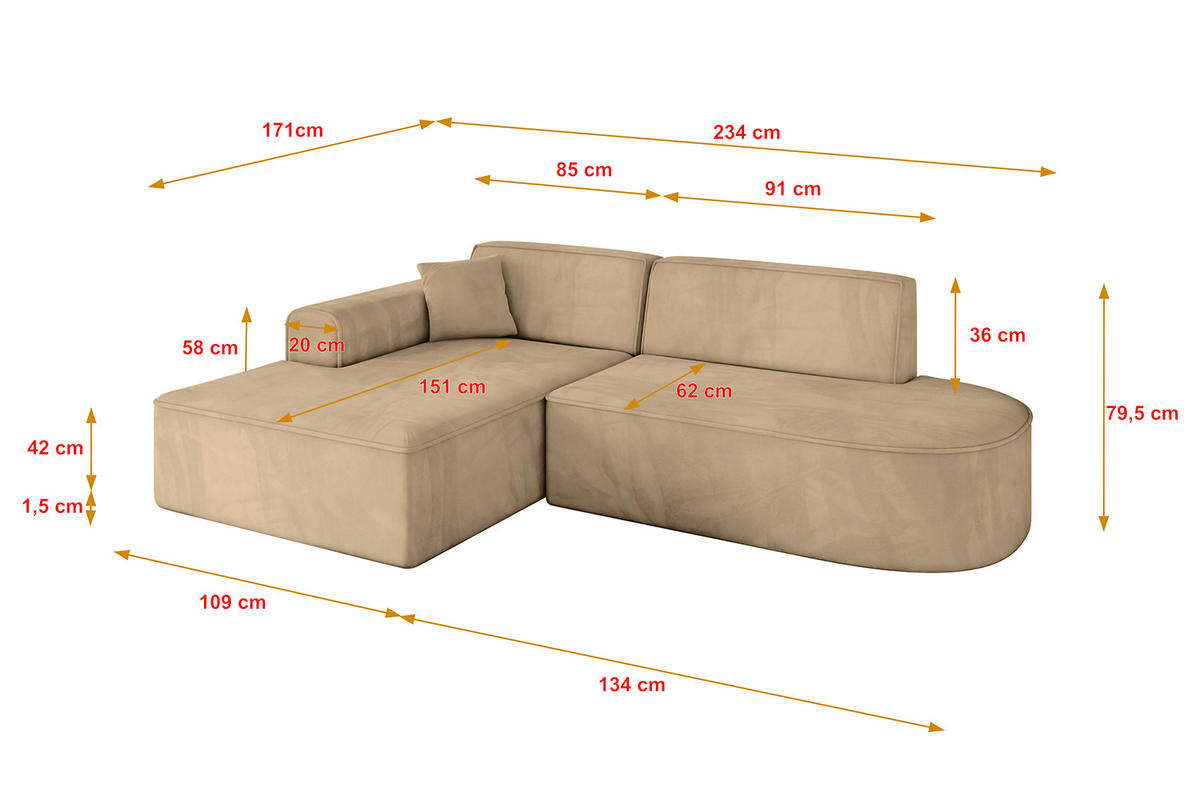 ECKSOFA Ottomane Links IREA-L1-v3 - 234x171x79 cm Beige - Beige, Holzwerkstoff/Textil (234/171cm) - ALTDECOR