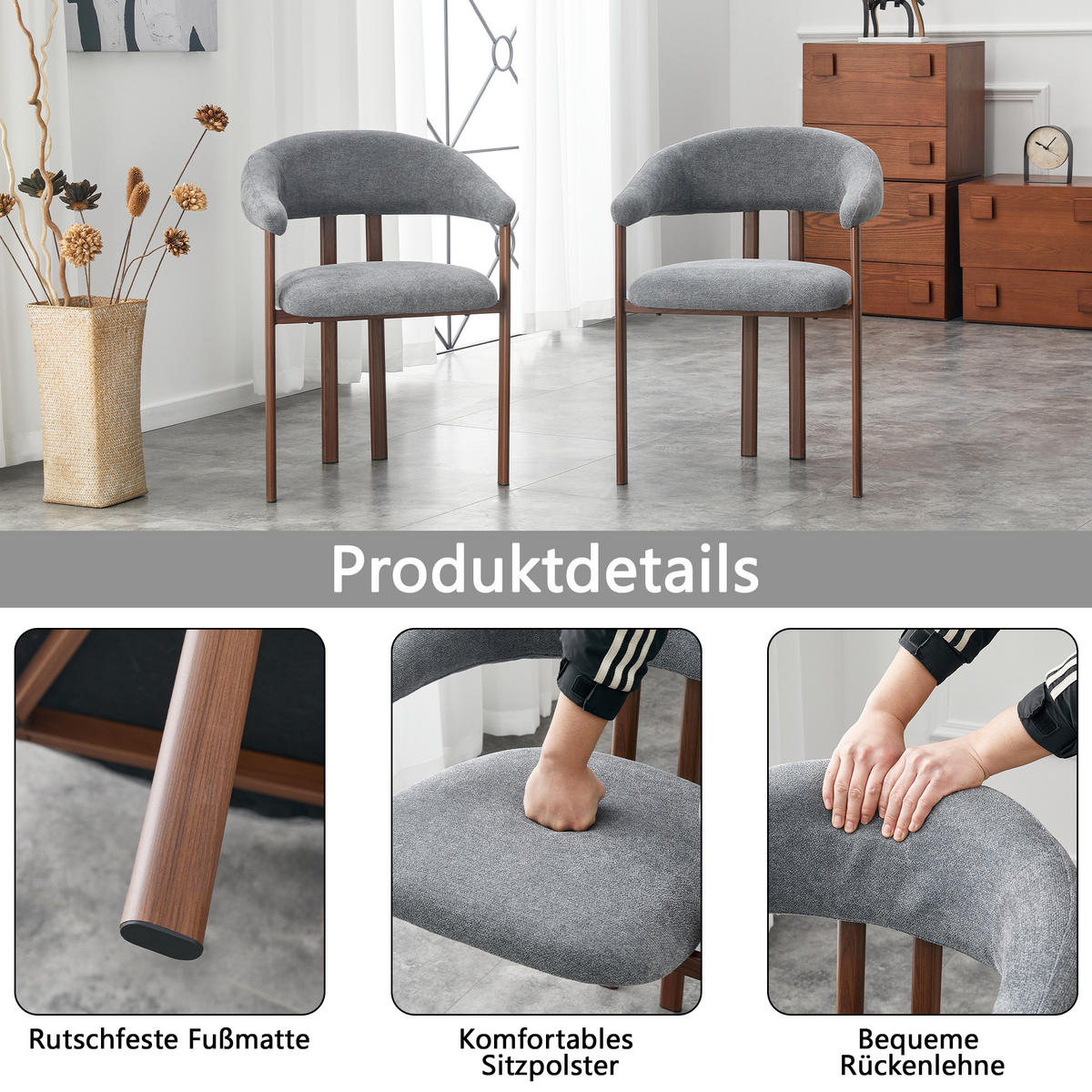 ESSZIMMERSTUHL 2ER-SET aus Stoff mit Metallbeinen, ergonomisch gepolstert im Fass-Design - Grau, Textil (60/80.5/57.5cm) - Urban Meuble
