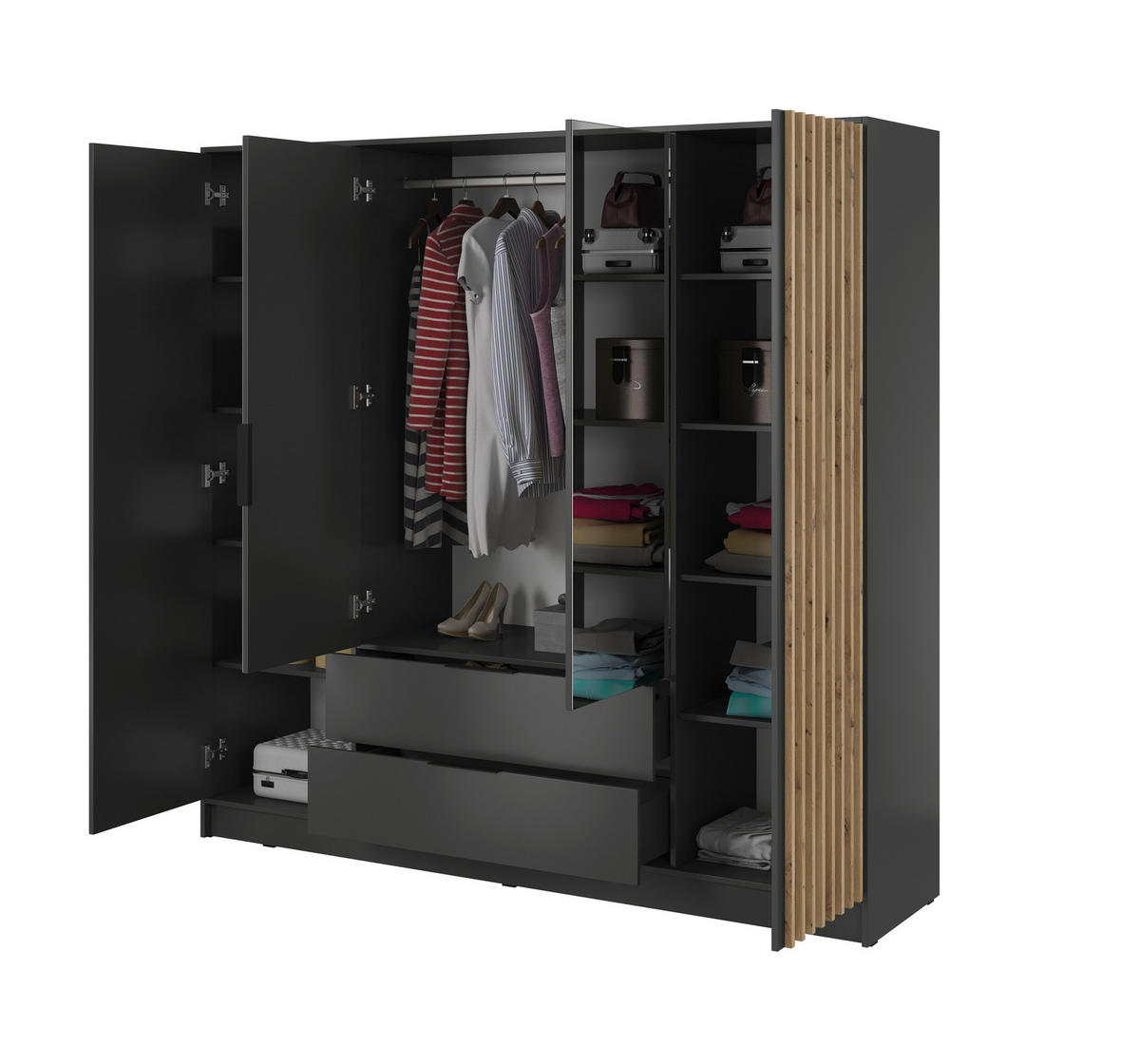 KLEIDERSCHRANK Stilo in Graphit, vier Türen, mit Spiegel und Lamellen an der Front - Schwarz/Graphitfarben, Holzwerkstoff/Kunststoff (206/200/51cm) - Ravio