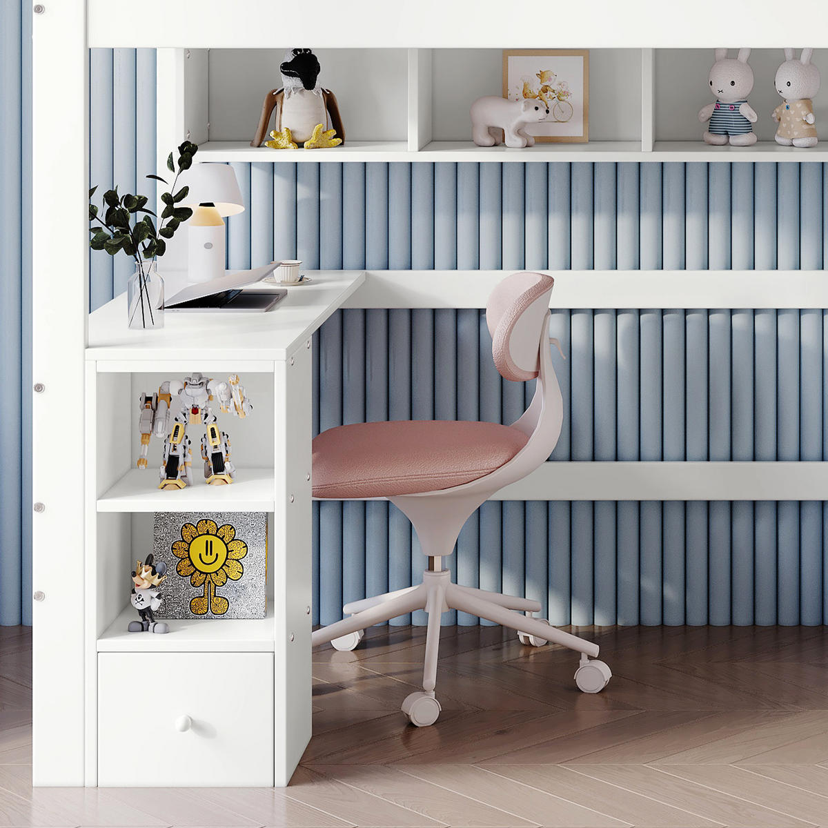 ETAGENBETT 90/200 cm in Weiß & Natur mit Regal, Schreibtisch und Kleiderschrank - Weiß/Naturfarben, Holz/Holzwerkstoff (90/200cm) - CHICFURN