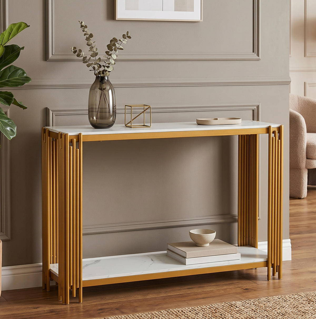 KONSOLENTISCH aus MDF und Metall 123,5x33,5x80 cm Gold/Weiß mit 2 Ablagen - Goldfarben, Holzwerkstoff (123.5/33.5/80cm) - IVMEU