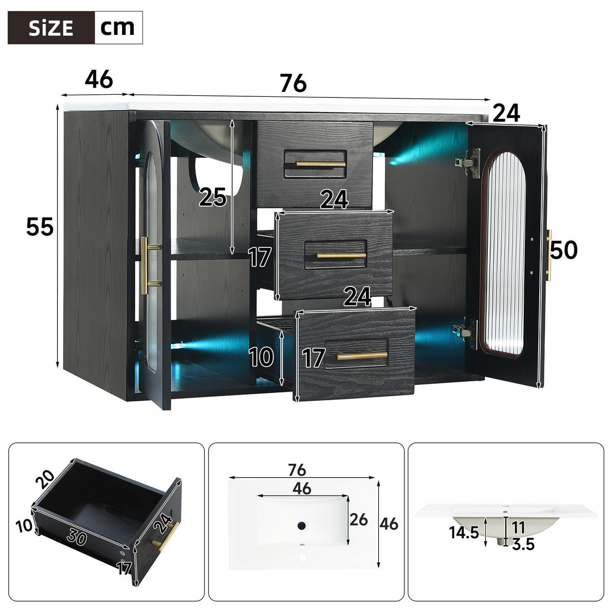 BADEZIMMERSCHRANK Wandmontiert Waschbecken LED Glasfront Schwarz 76cm - Schwarz, Glas (76/55/46cm) - FLIEKS