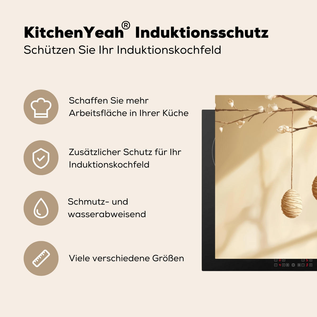 HERDABDECKPLATTE Beige - Osterkuchen - Eier Herdabdeckung Induktionsfeld 70x52 cm - Beige, Kunststoff (70/52/0.2cm) - MuchoWow