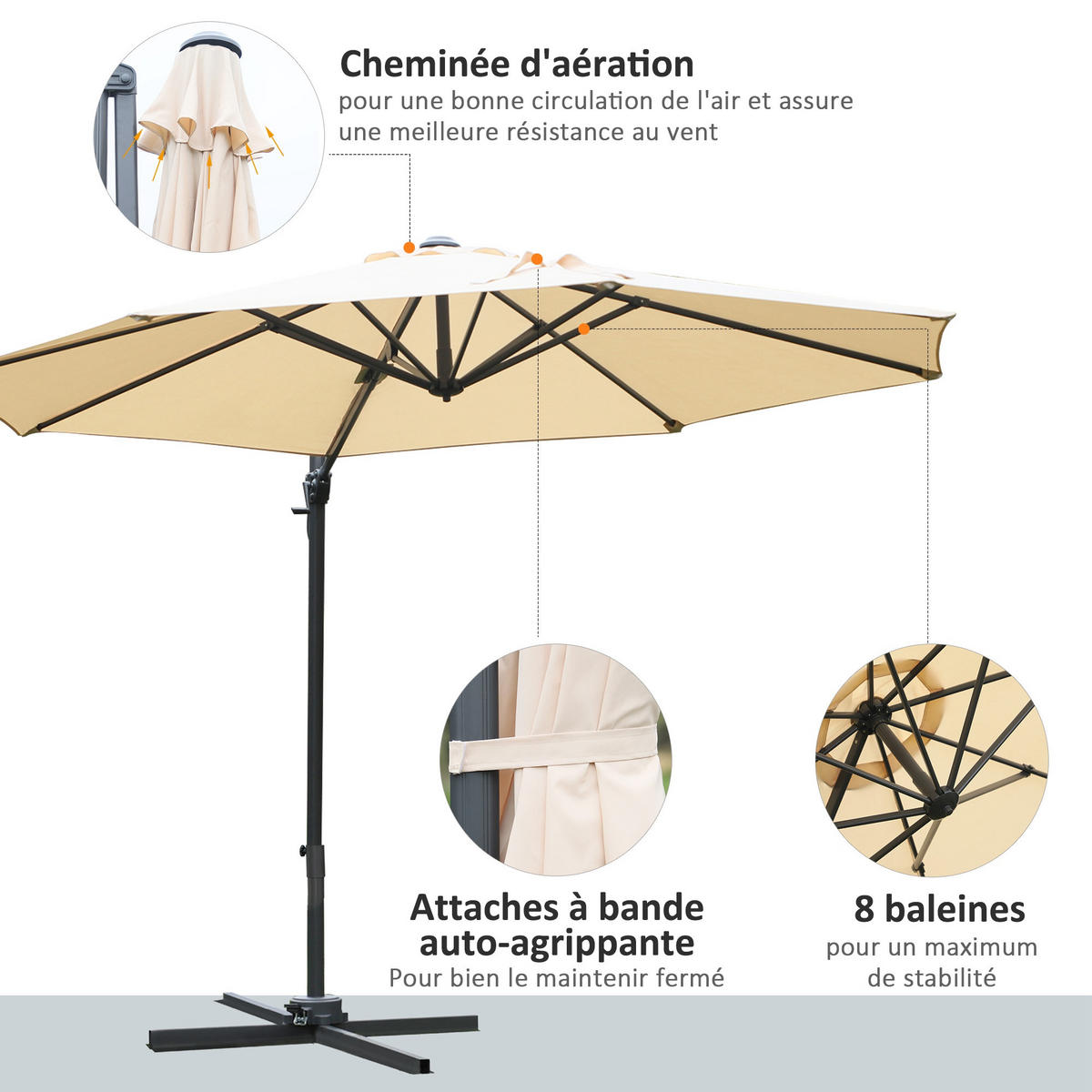AMPELSCHIRM DE-11457 360° drehbar & neigbar mit Kurbel Creme - Beige, Textil (295/295cm) - ComfortXL