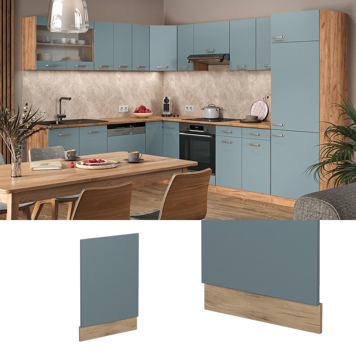 FRONTBLENDE R-Line Blau-Grau 45 cm, AP Anthrazit - Honigeiche/Eiche Wotan, Holzwerkstoff (45/57.2/1.6cm) - Vicco