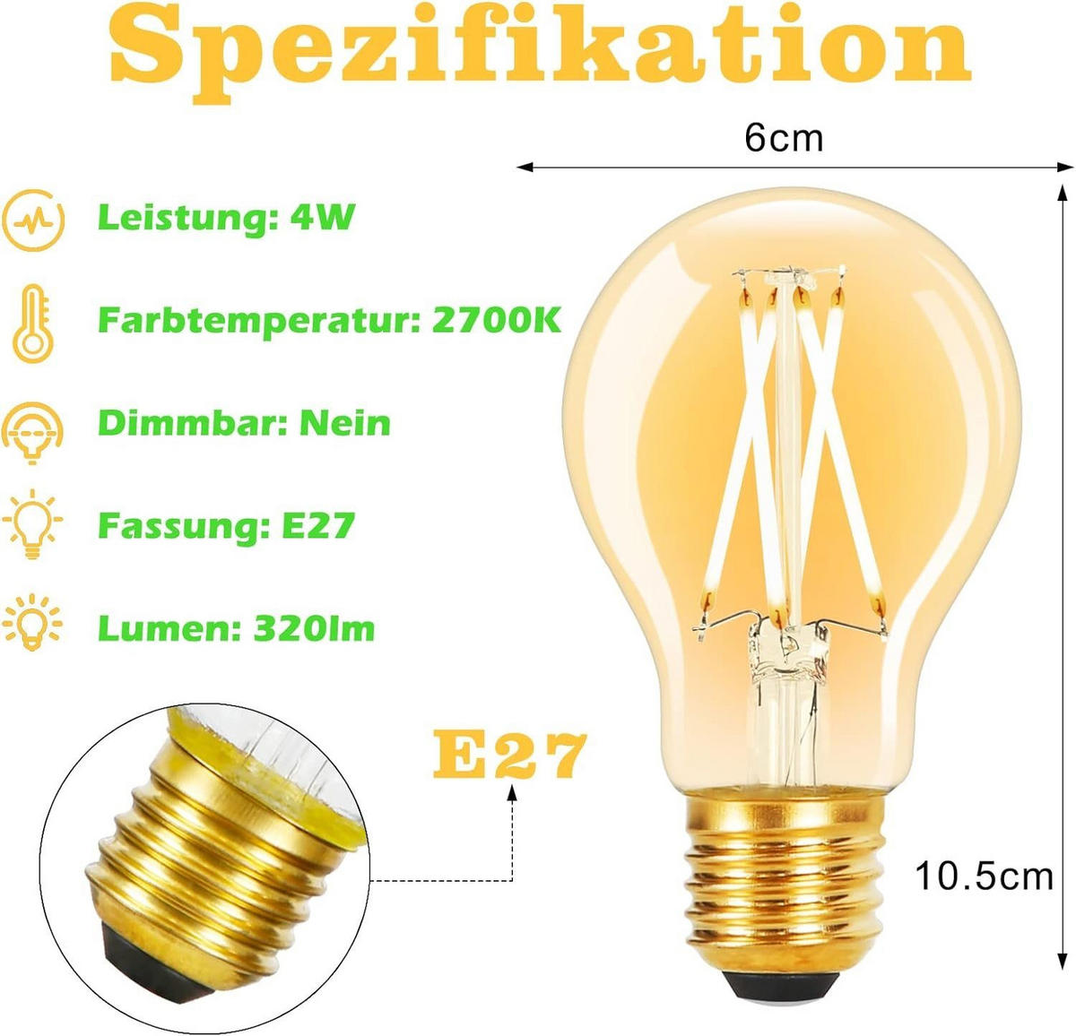 LED žárovky E27 4W (sada 6 ks) - průhledná, sklo (6/10.5cm) - Nettlife