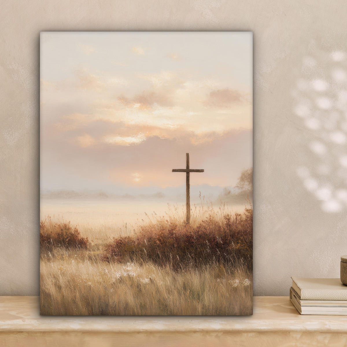 LEINWANDBILD Gras - Morgennebel - Kreuz - Christentum Room Decor 30x40 cm - Beige, Textil (30/40cm) - MuchoWow