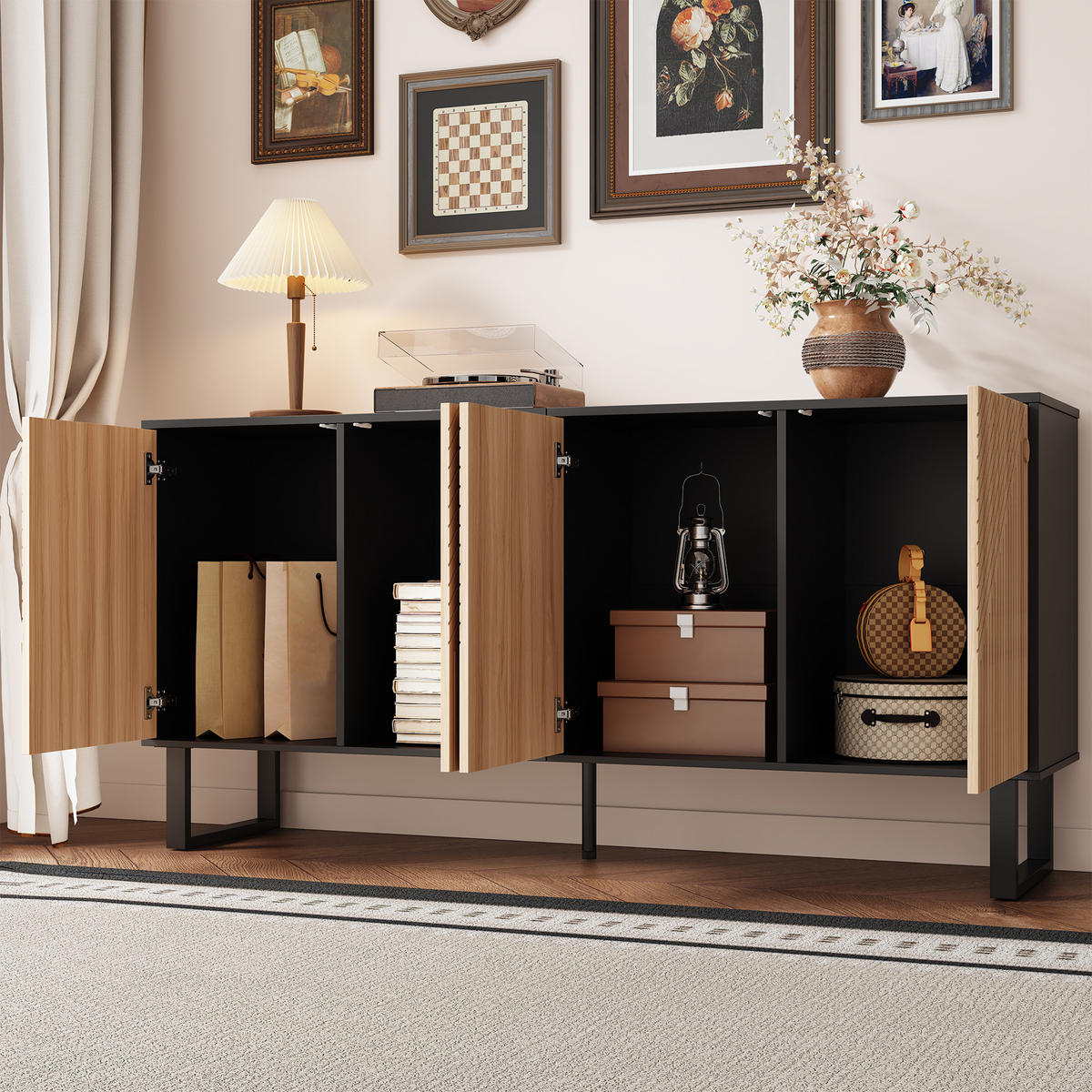 SIDEBOARD Schwarz Holzmaserung 3D-Streifen Extra Stauraum - Schwarz, Holzwerkstoff (38/75/160cm) - FLIEKS