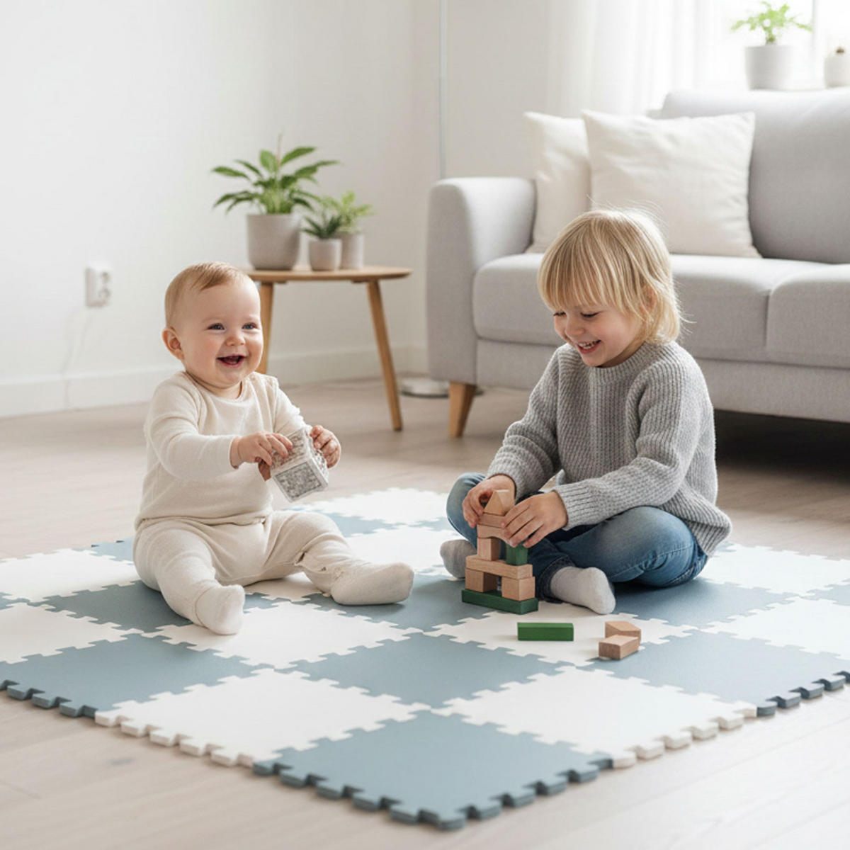 SPIELMATTE ab Null - 180/90/1 cm Puzzlematte - Graublau/Weiß - Multicolor, Kunststoff (30/30cm) - Littletom