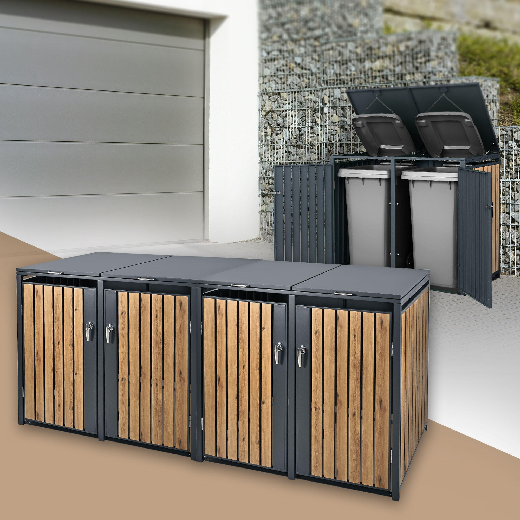 MÜLLTONNENBOX 4er Anthrazit-Eichenoptik - Graubraun, Metall (80/116.3/264cm) - ML-DESIGN
