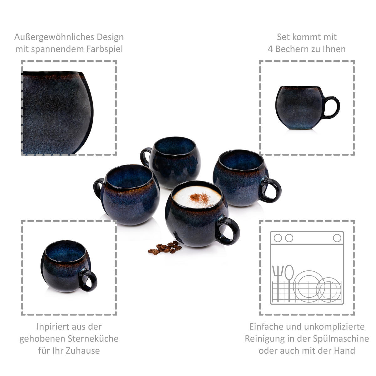 CAPPUCCINOTASSEN SET TOKIO - 4 teilig aus Steingut - Dunkelblau, Keramik (0.4L) - Sänger
