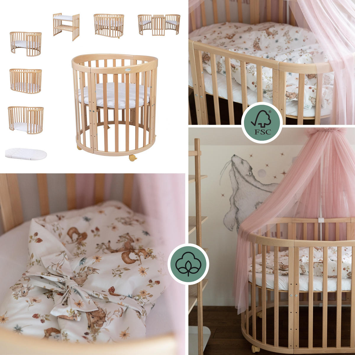 BABYBETT NATUR OVAL 7in1 mit Matratze und Himmelset - Taupe/Naturfarben, Holz/Textil