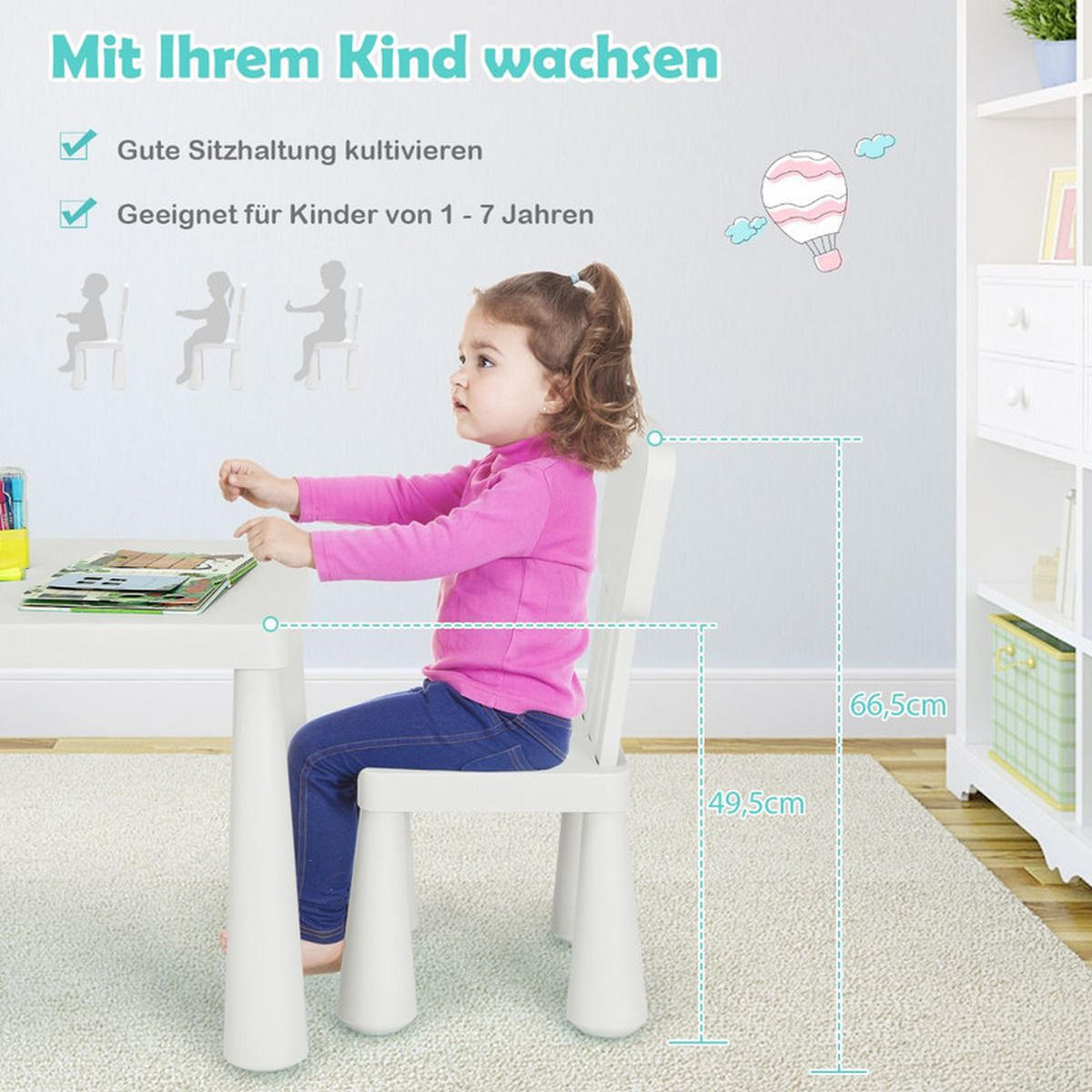KINDERTISCH mit 2 Stühlen weiß(3-tlg) - Weiß, Kunststoff (76.5/49.5/54.5cm) - COSTWAY