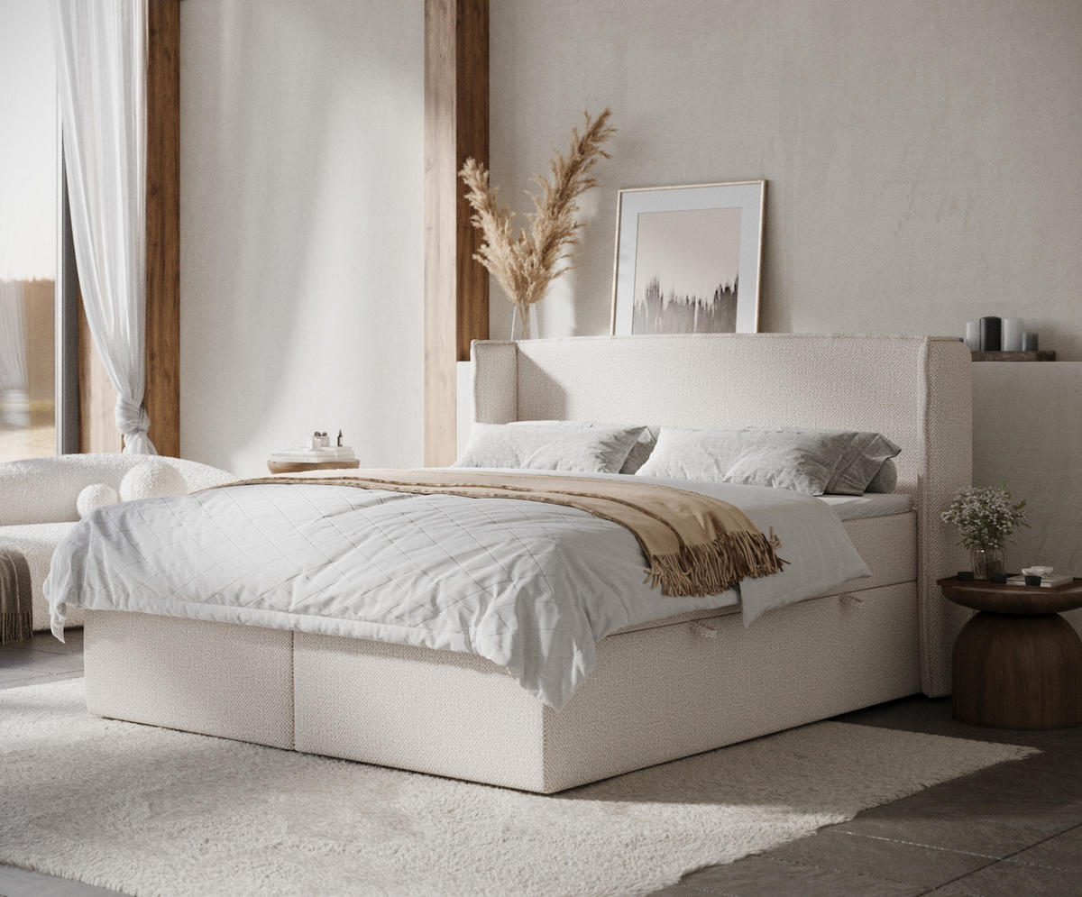 BOXBETT Skyline Creme 180/200 cm mit Matratze und Topper - Creme/Schwarz, Holz/Holzwerkstoff (180/200cm) - Maison de Reve