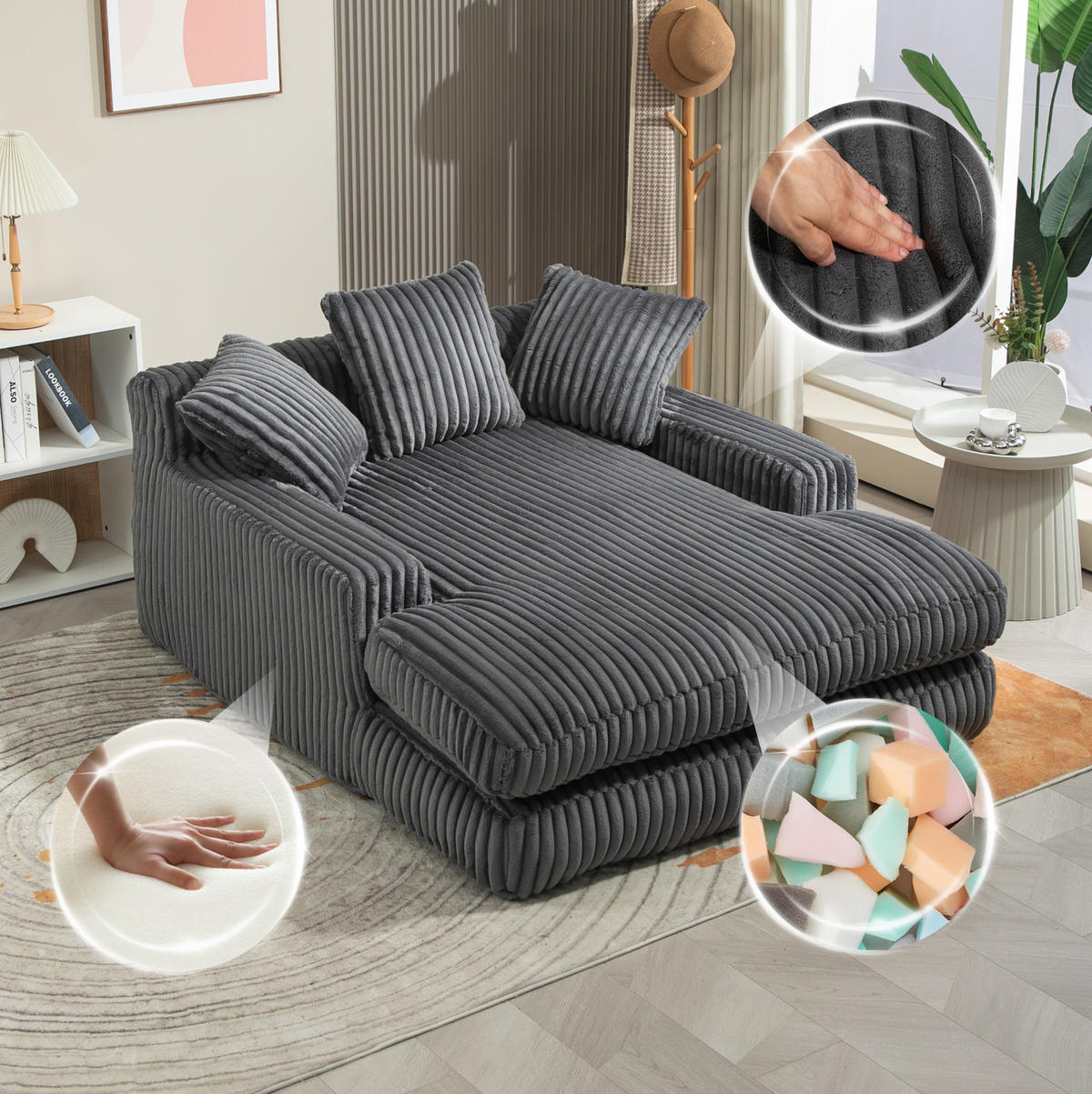 CHAISELONGUE aus Cord 125 x 155 cm dunkelgrau mit 3 Kissen - Dunkelgrau, Kunststoff (155/63/125cm) - Meubliv
