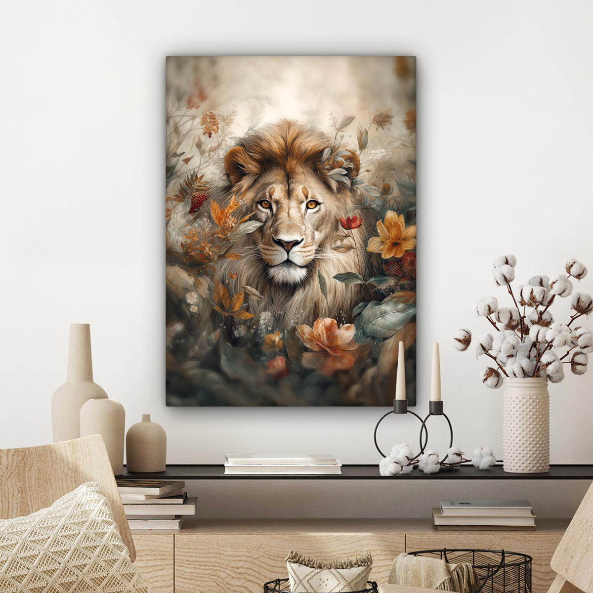 LEINWANDBILD Löwe - Wildtiere - Pflanzen - Natur - Blumen Wandbild Wohnzimmer 60x80 cm - Beige, Textil (60/80cm) - MuchoWow