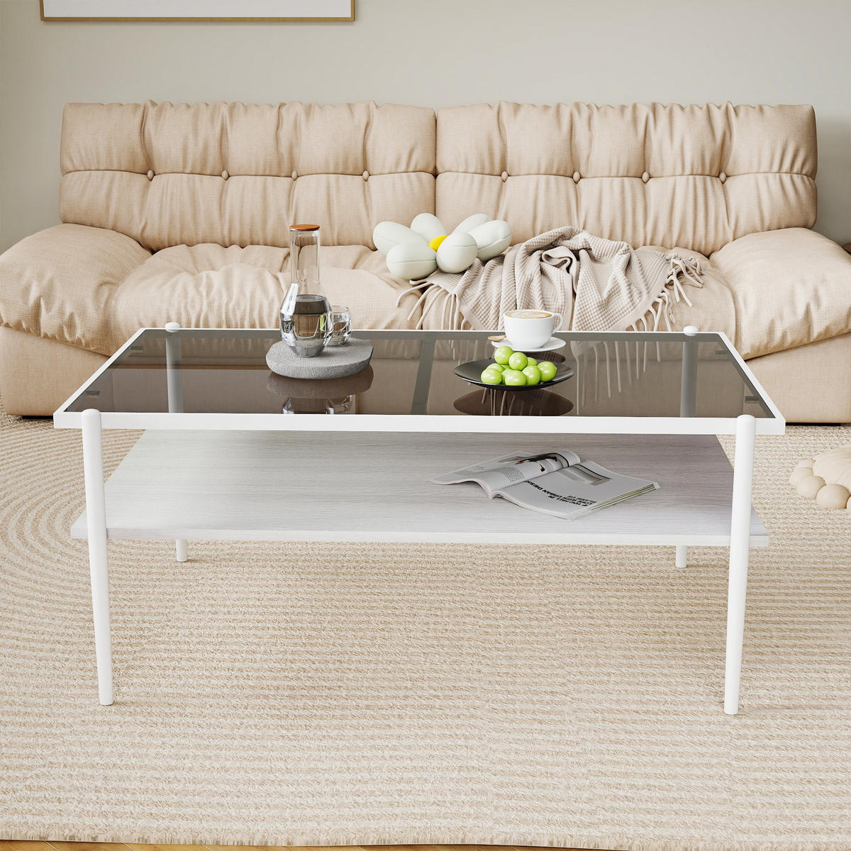 COUCHTISCH rechteckig Grau/Weiß 97,5/61,5/45 cm mit Glasplatte und Metallbeinen - Weiß/Grau, Glas/Holzwerkstoff (97.5/61.5/45cm)