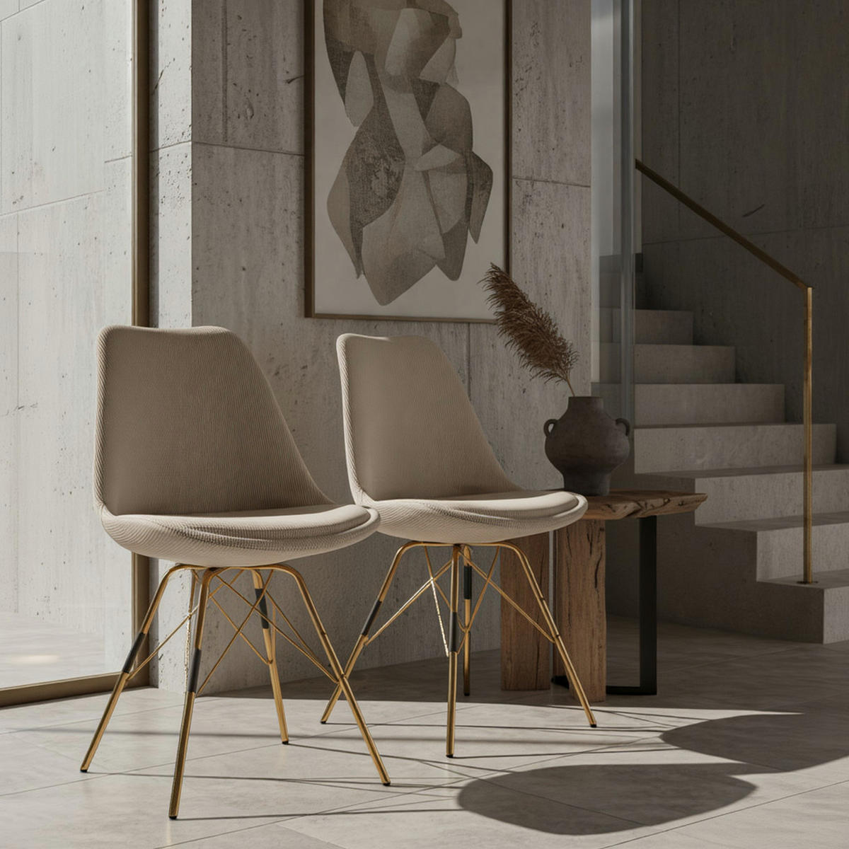 ESSZIMMERSTUHL 2er Set Cordstoff mit Metallgestell Schalenform Skandinavisch gepolstert, Beige 48x58x85 cm - Beige/Goldfarben, Textil/Metall (48/85/58cm) - KADIMA DESIGN