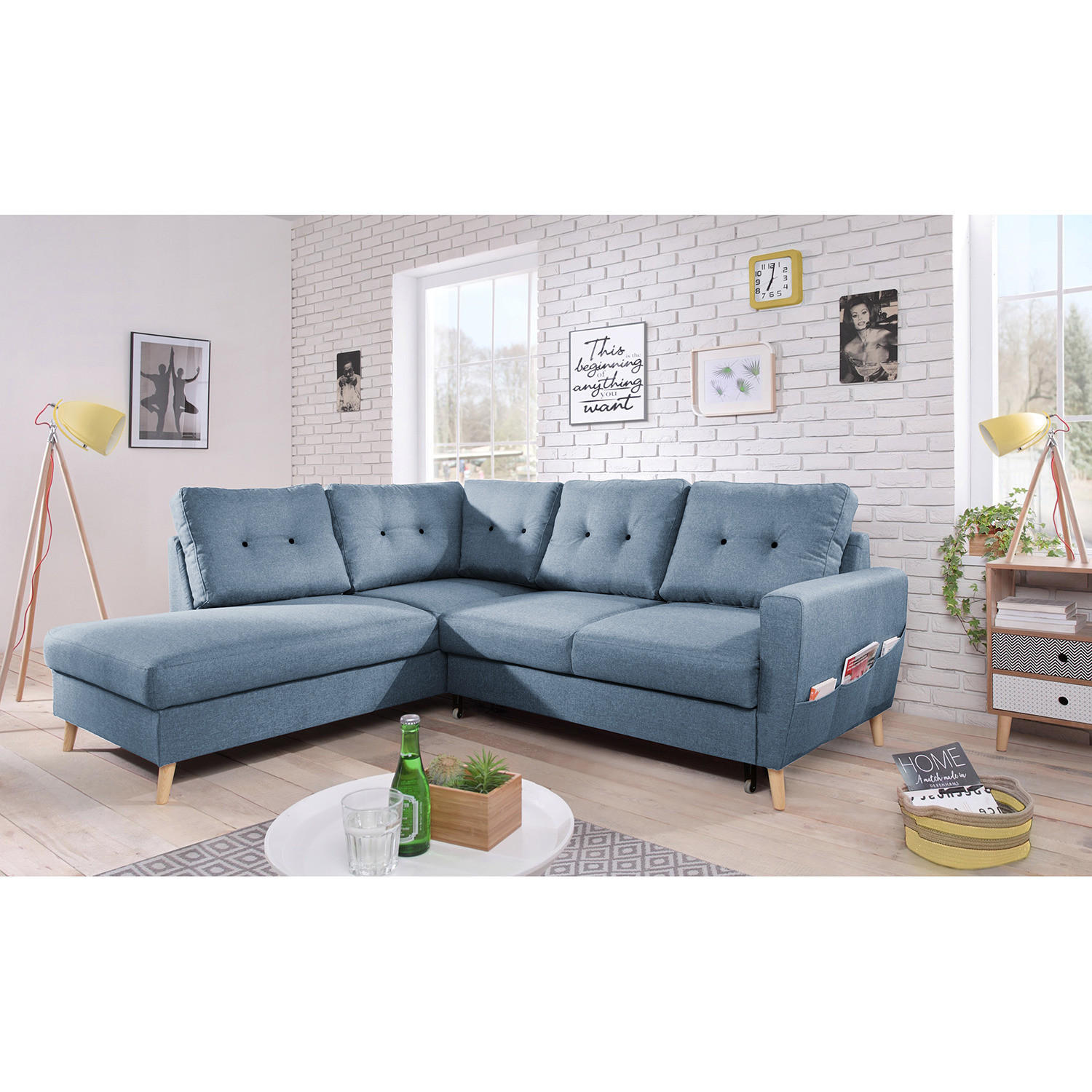 ECKSOFA mit Ottomane - Webstoff - Hellbraun/Grau, Textil (230/200cm) - home24
