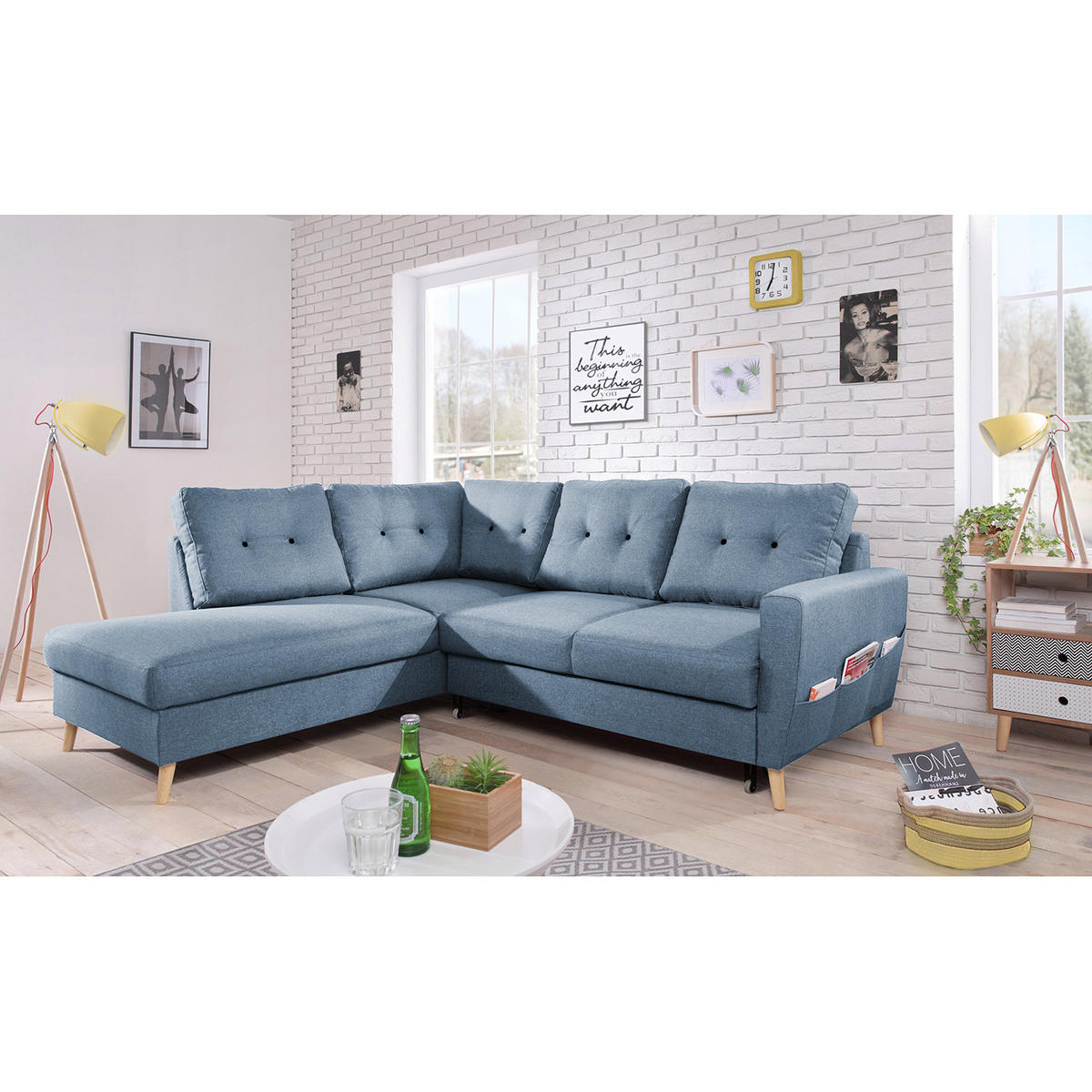 ECKSOFA mit Ottomane - Webstoff - Hellbraun/Grau, Textil (230/200cm) - home24