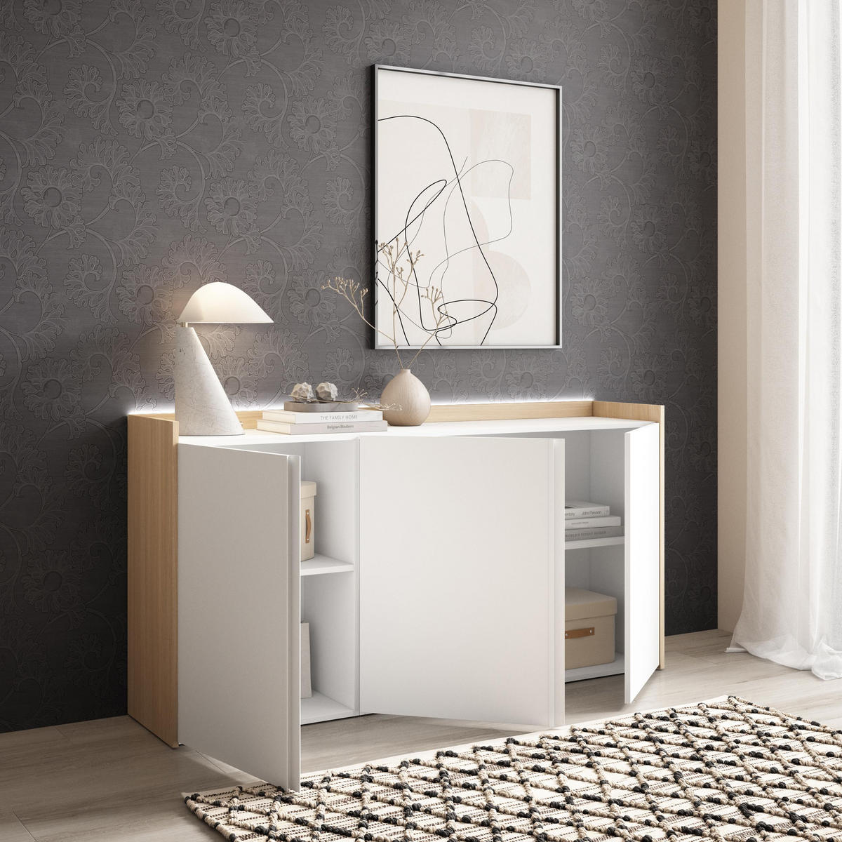 SIDEBOARD, Weiß und Eiche, 156/35/80cm, mit Led - Weiß, Holzwerkstoff (156/80/35cm) - Skraut Home