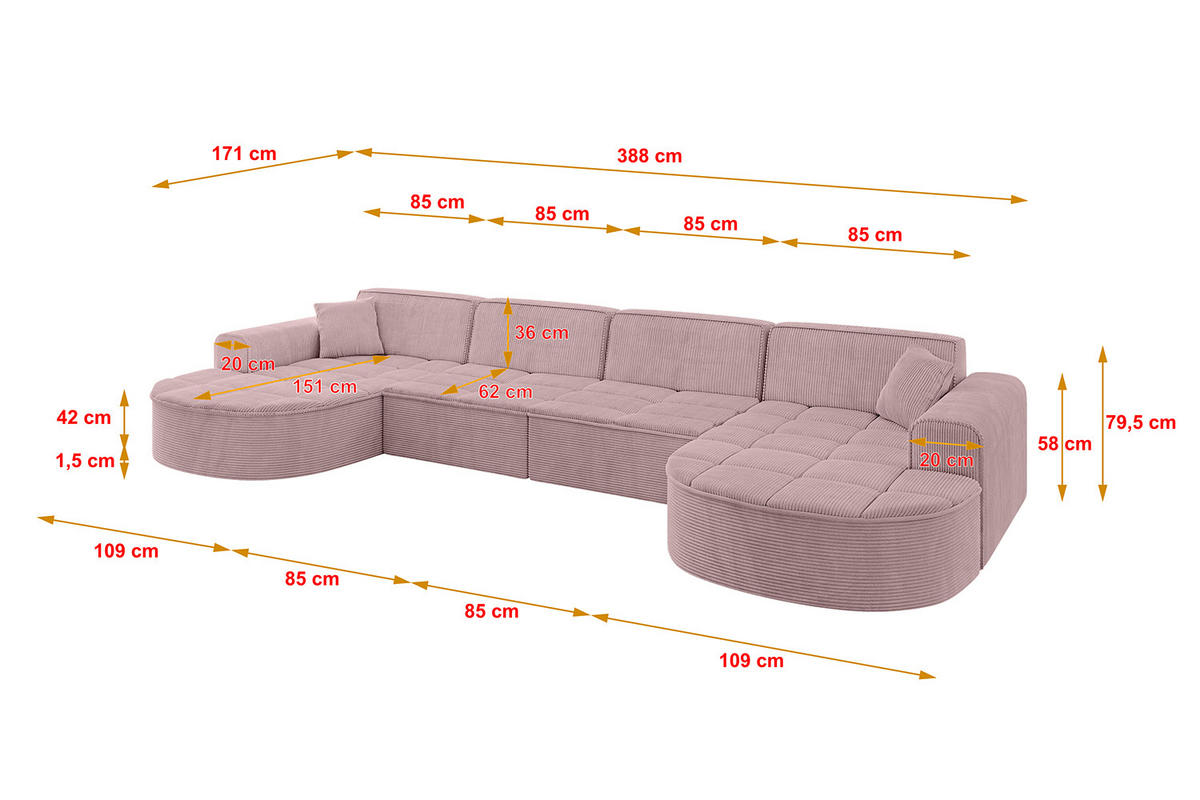 WOHNLANDSCHAFT TARO-U2 - 388x171x79,5 cm Rosa - Rosa, Holzwerkstoff/Textil (388/79.5/171cm) - ALTDECOR