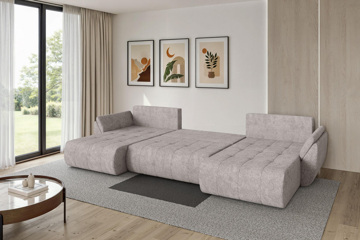 SEDACÍ SOUPRAVA DO U s funkcí spaní a úložným prostorem TOKO-U 378x194x86 světle šedá velur - černá/světle šedá, kompozitní dřevo/textil (378/86/194cm) - ALTDECOR