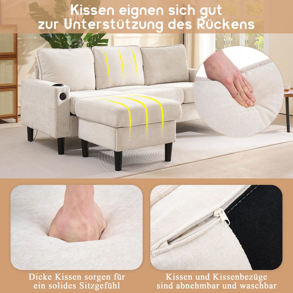 ECKSOFA Leinen mit USB-Anschluss und Typ-C 202/137/80 cm Beige - Beige, Textil (137/202cm) - Redom