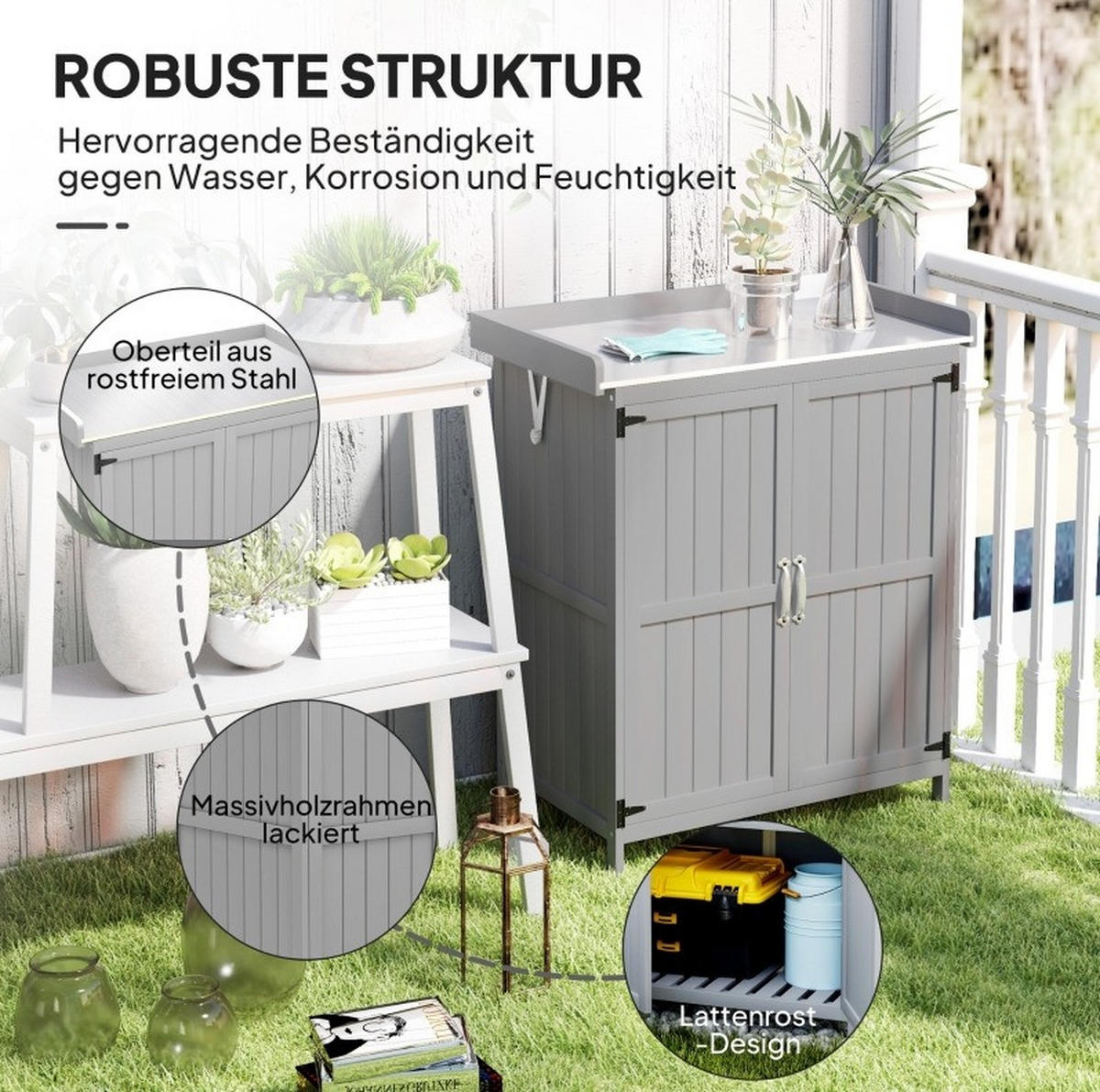 GARTENSCHRANK aus Holz 74x43x88 cm in Grau mit Edelstahl-Arbeitsfläche - Grau, Holz (43/88/74cm) - Modfu