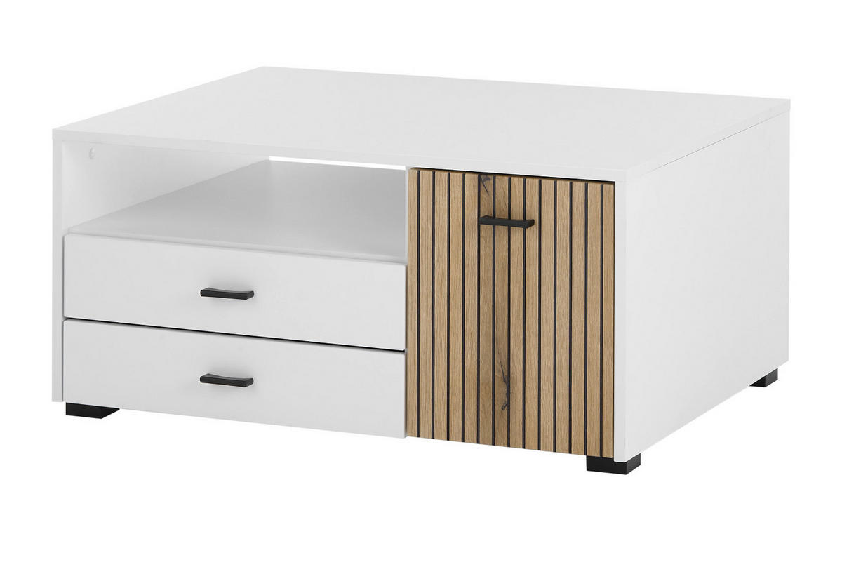 COUCHTISCH weiß matt, Eiche 90 cm, Wohnzimmertisch mit Stauraum und Soft-Close - Eichefarben/Schwarz, Holzwerkstoff/Kunststoff (90/70/43cm) - Furn.Design